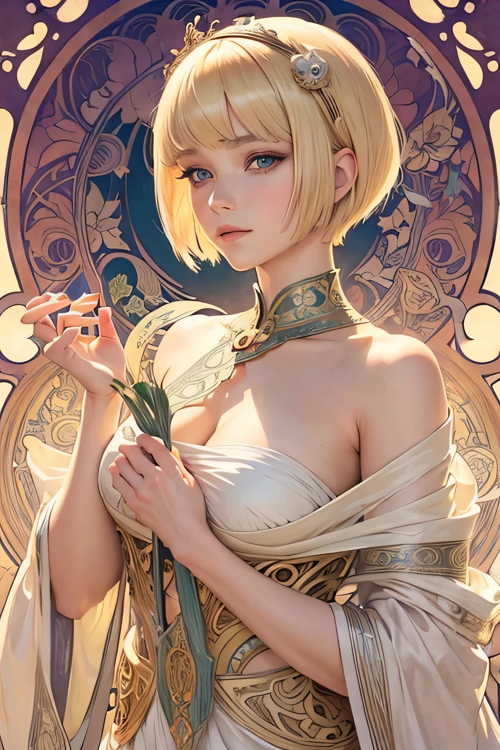 Art nouveau, Alphonse Mucha style,ink art, (Best Quality,masutepiece:1.2), 1 beautiful girl, blonde_bob_cut_hair, bangs, Very_beautiful_face, very_beautiful_eyes, even_eyes