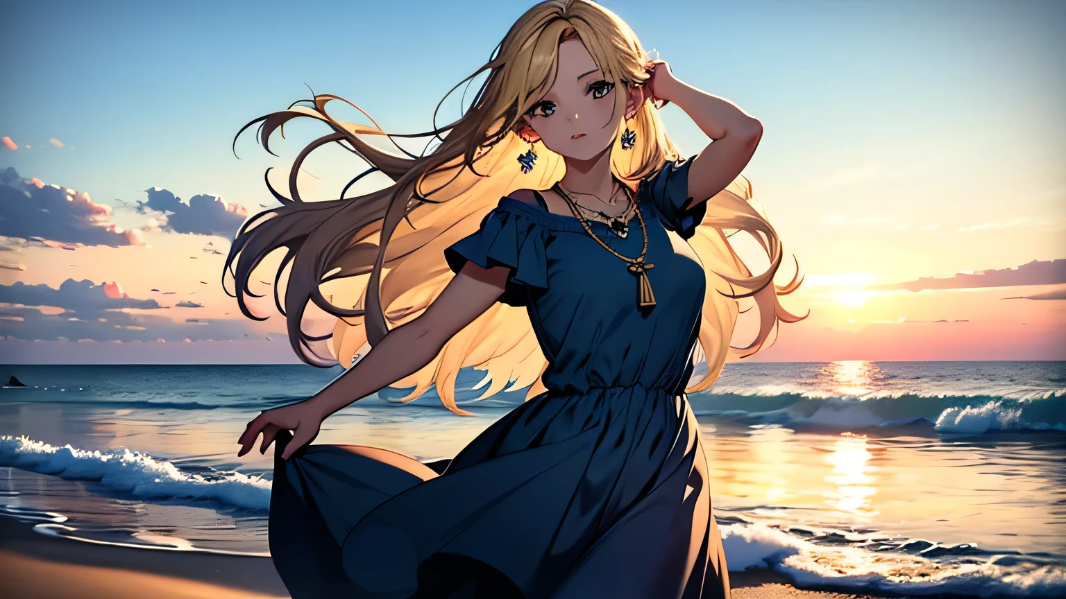 ((highest quality)), ((masterpiece)), (detailed), Perfect Face、Walking along the shore with arms outstretched、blonde、Smooth Hair、Blue Dress、Earrings、necklace、turn around、