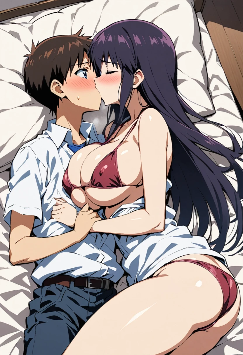 dragonEvangelion ikari shinji and Asuka bikini Super big breasts breast enlargement blushing two people lying on the bed kiss full-body shot