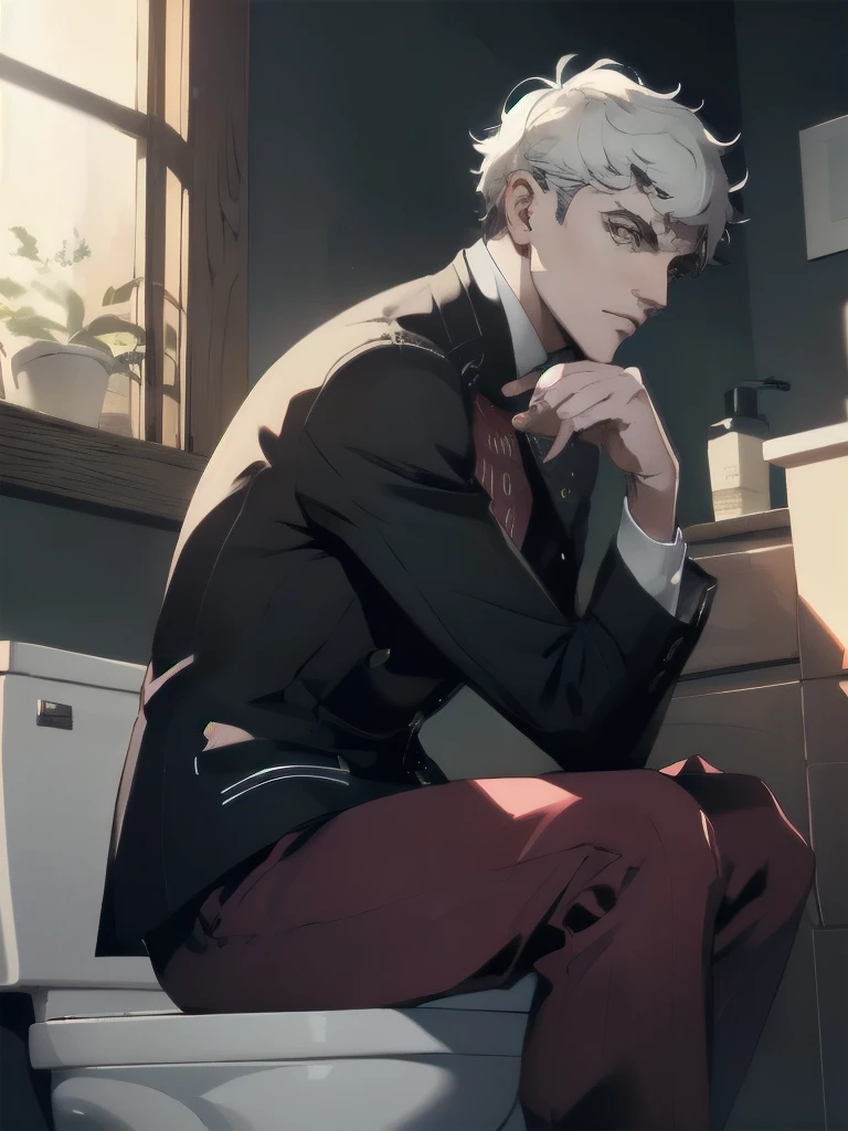 Super detailed,masterpiece,8K Illustration,Highly detailed CG Unity 8k wallpaper,highest quality,Absurd,Official Art,Detailed skin texture, Detailed cloth texture,Intricate details, Super detailed, Best lighting,Ultra-high resolution,8K Ultra HD,Dramatic lighting,delicate,break,
(Igor from persona5), 1 old man, Sit on the toilet, Meditation, Vulture&#39;s nose, Bald, Tuxedo, suit, suitケース,