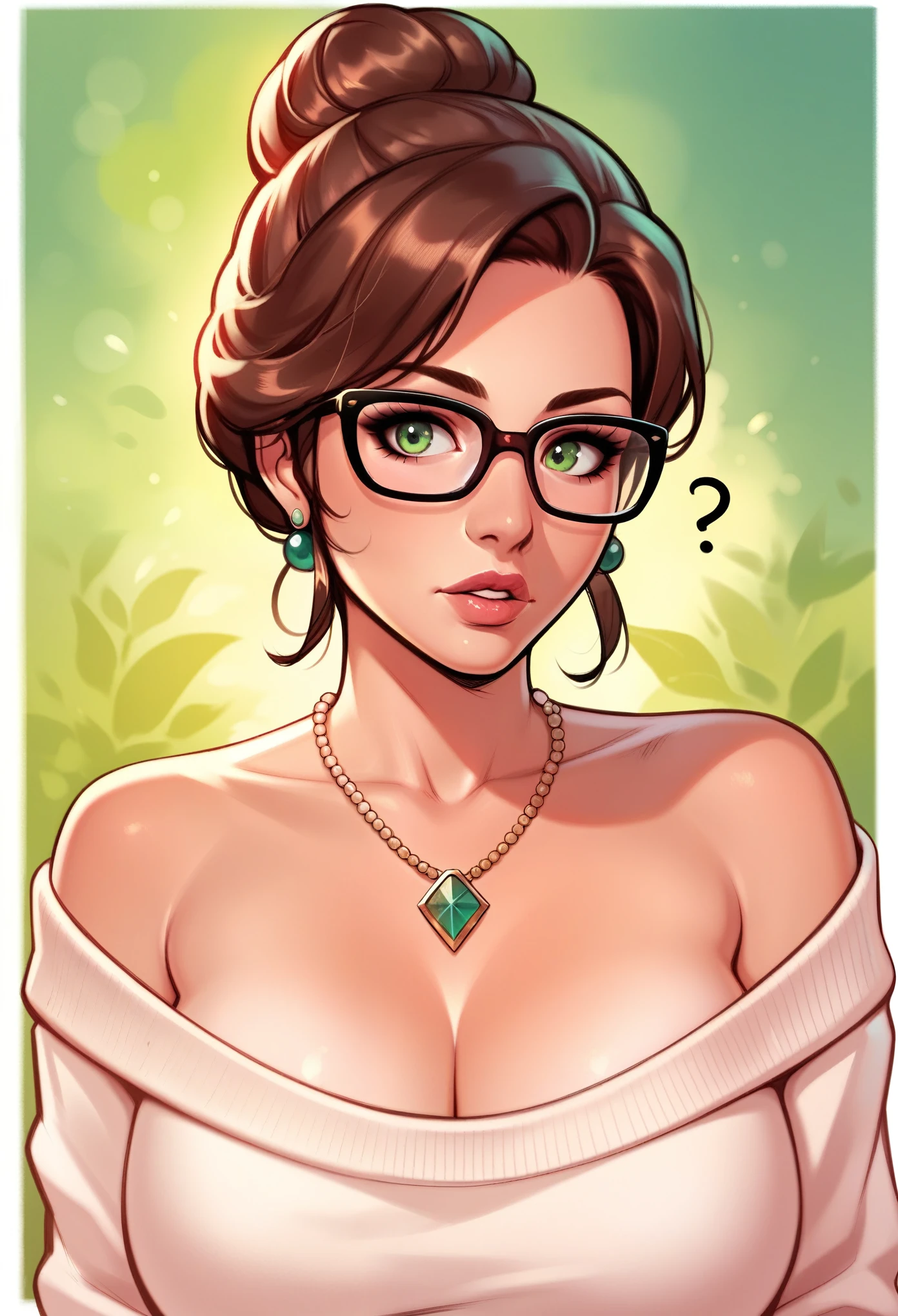 score_9, score_8_up,score_7_up, score_6_up, score_5_up, score_4_up, portrait of a woman, milf, mature, wearing glasses, confused expression, glasses, bun hair, wearing necklace, green eyes, brown hair, beautiful, perfect, lovely, front view, parted lips
