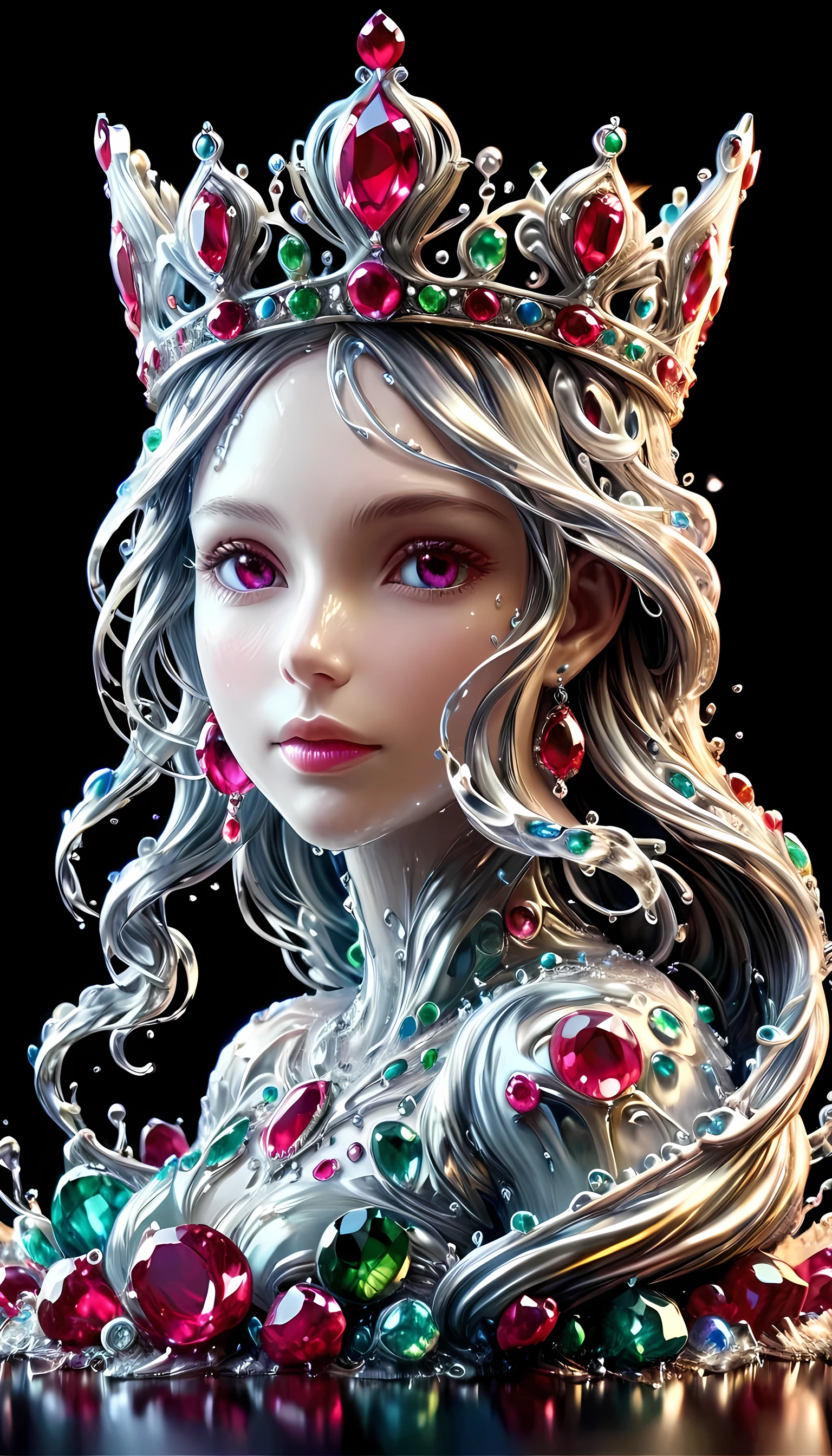 (liquid metal art: 1.5) LIQUID METAL a picture of jeweled crown ( (masterpiece, best detailed, best quality: 1.4), the crown is made from (gold: 1.2), (silver: 1.3), there are golden swirls watce, ( (masterpiece, best detailed, best quality: 1.2), there are silver swirls watce ( (masterpiece, best detailed, best quality: 1.2),  it is encrusted and decorated with (rubies: 1.3), emeralds: 1.3) and (opals: 1.3), dynamic background, close range picture,  ultra wide shot, photorealism, depth of field, hyper realistic, ral-ntrgmstn, watce, metallic