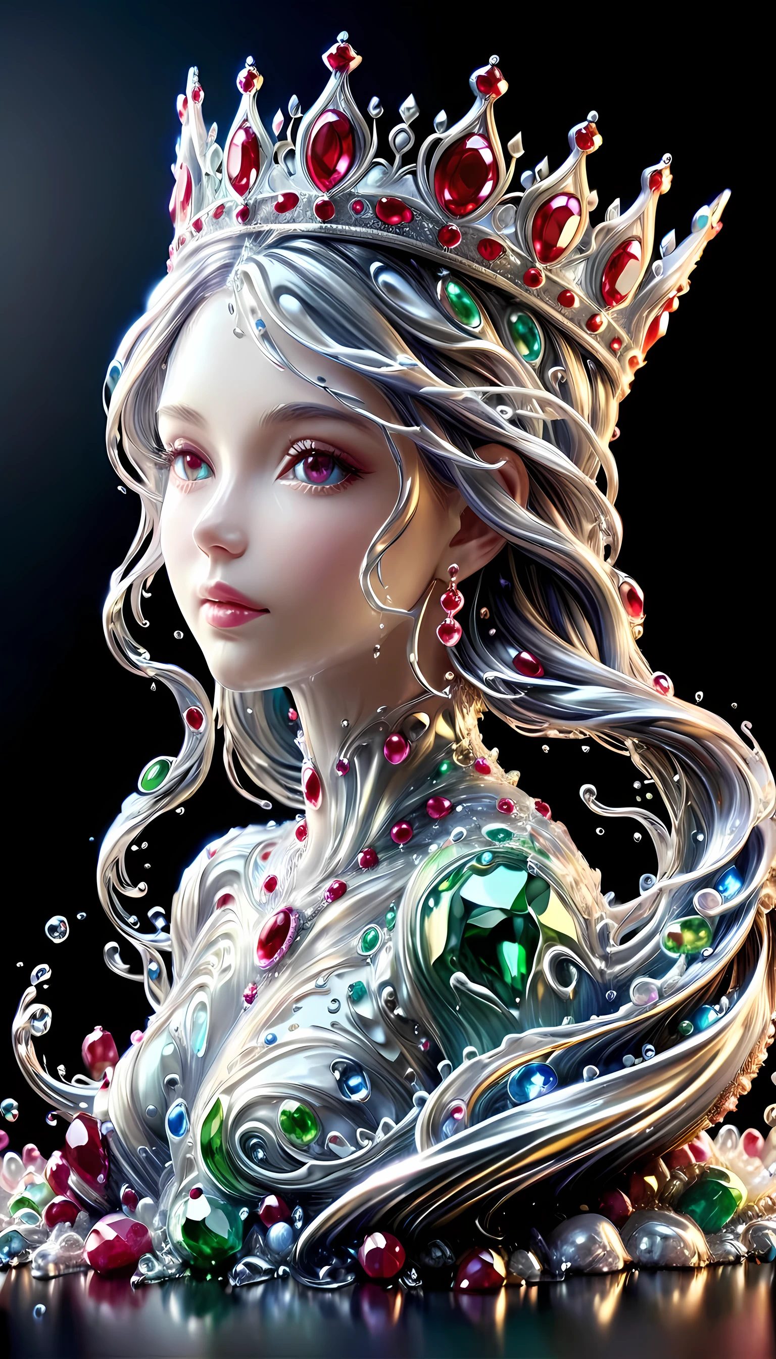 (liquid metal art: 1.5) LIQUID METAL a picture of jeweled crown ( (masterpiece, best detailed, best quality: 1.4), the crown is made from (gold: 1.2), (silver: 1.3), there are golden swirls watce, ( (masterpiece, best detailed, best quality: 1.2), there are silver swirls watce ( (masterpiece, best detailed, best quality: 1.2),  it is encrusted and decorated with (rubies: 1.3), emeralds: 1.3) and (opals: 1.3), dynamic background, close range picture,  ultra wide shot, photorealism, depth of field, hyper realistic, ral-ntrgmstn, watce, metallic