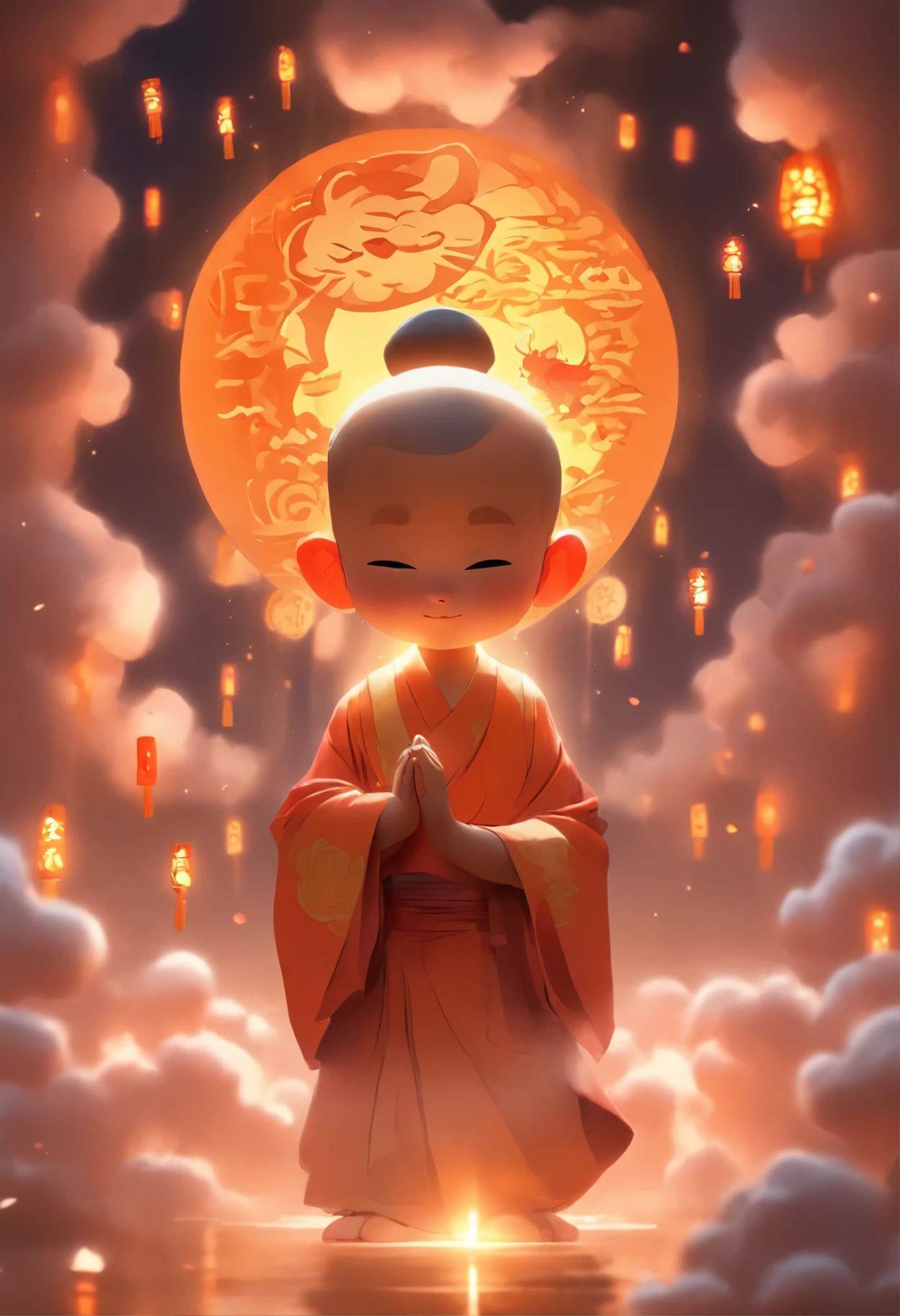 Mid Autumn Festival,A 5-year-old Buddhist monk boy praying ,Tattoo、Cute fairy dressed in ancient Chinese clothing,Playing with a rabbit next to a girl,moon cake,Auspicious clouds,the dark side of the huge moon,Warm color palette,Abstract Screen,Surreal Realism,Pixar Style,3D Effects,Disney Style,Clear contour light,Rim Light,Fantastic,Spotlight