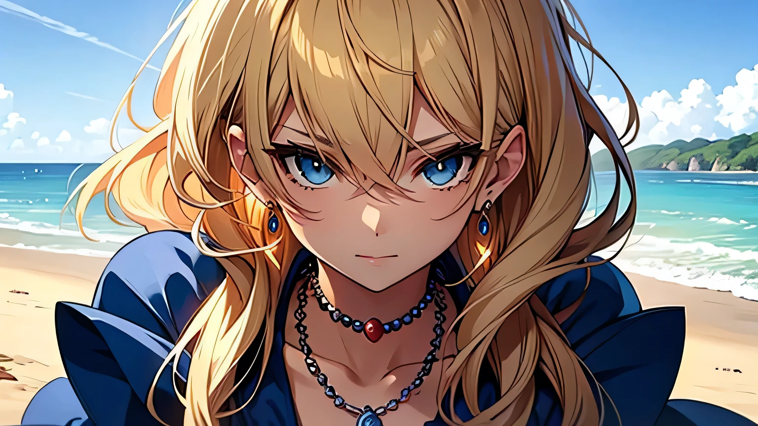 ((highest quality)), ((masterpiece)), (detailed), Perfect Face、Walking along the beach、blonde、Smooth Hair、Blue Dress、Earrings、necklace、turn around、