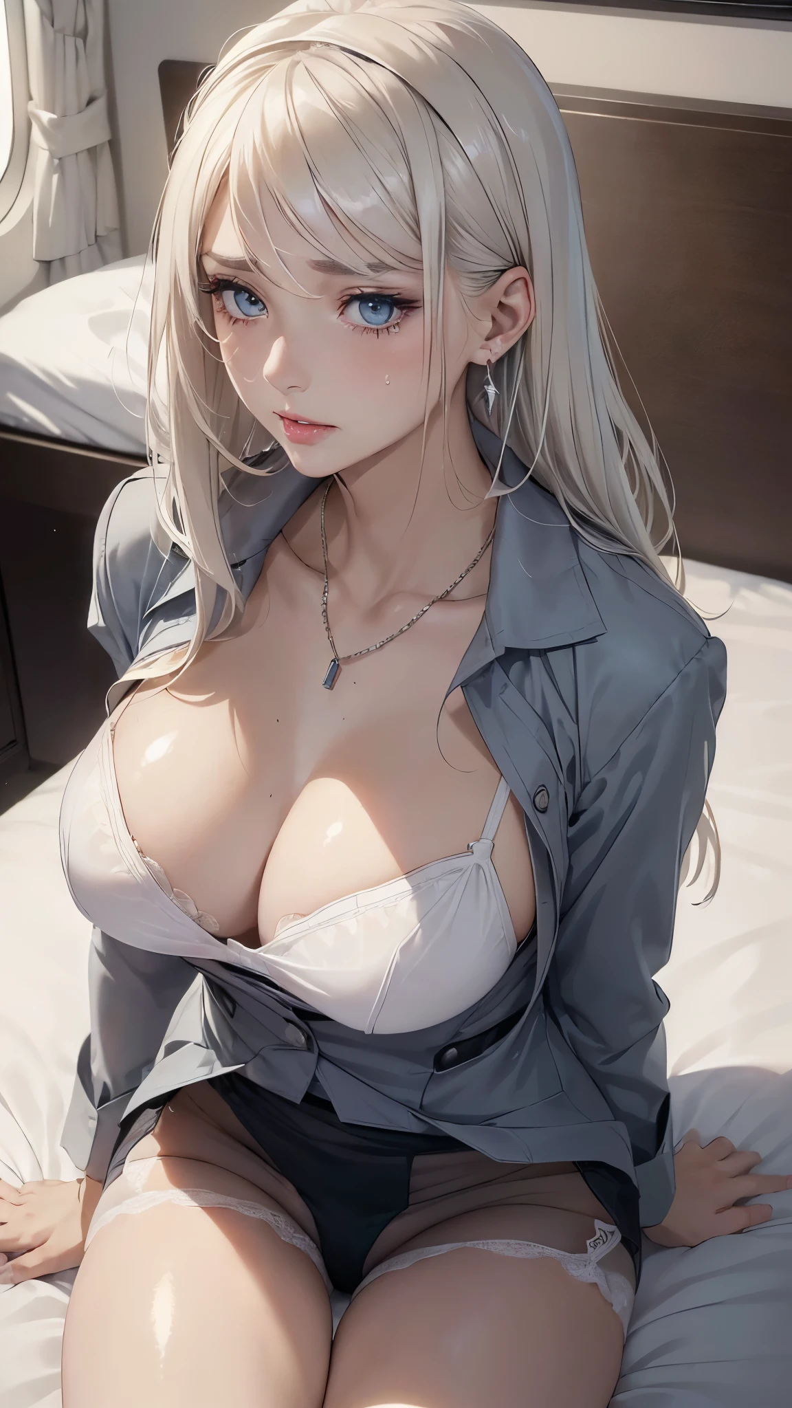 (masterpiece: 1.3), (Maximum resolution: 1.2), (Ultra HDTV: 1.2), Cinematic Light, 8K resolution, Detailed facial features , (Sharp focus: 1.2), (Focus on the face:1.2),Perfect Style, Beautiful Face, Acura, Anatomically correct, Highly detailed face and skin texture, Beautiful Eyes,Beautiful Eyes, Thin eyebrows, Glitter Eyeliner: 1 Natural Cheeks, Glowing Skin, Fair skin: 1.2, (Glossy lips: 1.4),、 (Embarrassed look: 1.2),Highly detailed face and skin texture, Natural Cheeks, , Glossy lips: 1.4,Perfect Style、Cleavage、Soft Breasts、(White mucus on chest:1.4)(White mucus on thighs:1.2)、 blush、A humiliating look、Anxious expression、A look of humiliation、Embarrassed look、Glare、anger、sorrow、tears、Open your knees、Spread your legs、 White underwear、White bra、Sparkly little earrings and necklace、Disheveled clothes、White panties、sweating、Thin underwear、stockings、28 years old, A clean-cut woman,1 person、 Upward-facing chest, first class cabin、On the bed、(On my back, ベッドにLying down, ベッドにLying downいる, Lying down, White sheets:1.3)、Black Hair、blonde、Silver Hair、Blue-gray eyes、Green Ash Eye,(Stewardess Uniform:1.4)、
