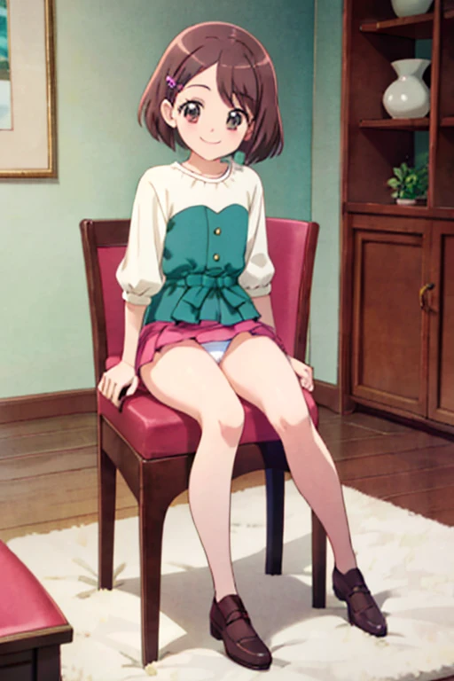 highest quality, masterpiece, One girl, alone, smile, Are standing, mini skirt、Panty shot、slouch、I can see your ass、 Sit on a chair、whole body, Hanadera Nodoka,