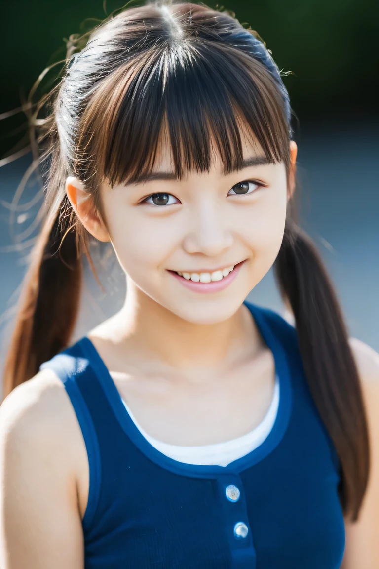 Lens 135mm f1.8, (highest quality),(RAW photo), , (Beautiful  Japanese girl), cute face, (deeply carved face:0.7), (freckles:0.6), ,dramatic , (japanese school (croptop) blue tanktop), (inside the school), shy, low twintails, , (smile),, (sparkling eyes)、