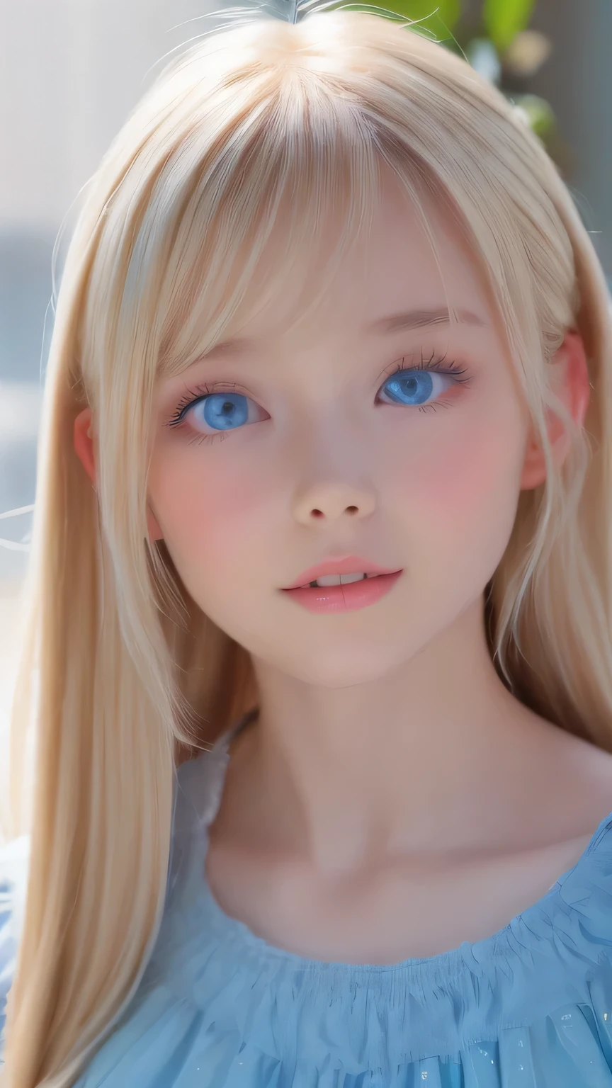 Beautiful white and shining skin、Blonde hair that changes color depending on the light、Bangs between eyes obstruct vision、Shiny highlights on the cheeks、Sexy, very beautiful, lovely, cute, gorgeous face、The most beautiful face in the world、Super long and gorgeous blonde hair、Super long and smooth super long straight hair、Big Breasts, Very large, Beautiful sparkling bright blue eyes、Beautiful Bangs、Beautiful cute girl.Small Face Beauty、Cheek Gloss Highlighter、Round face