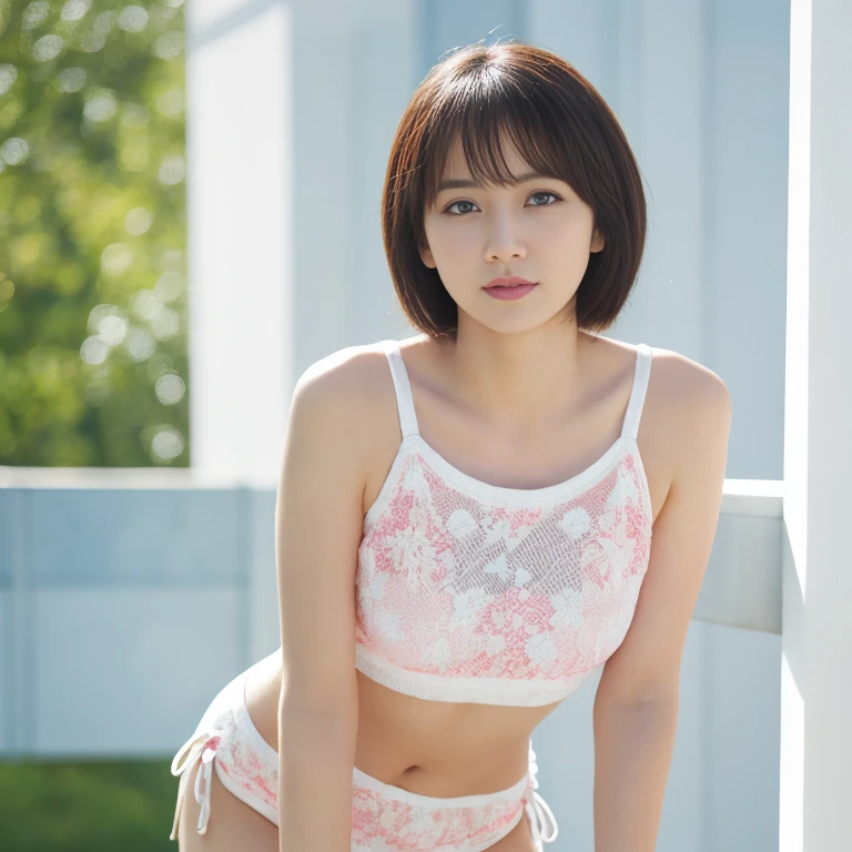 (highest quality、8k、Award-winning works、Ultra-high resolution)、One beautiful woman、short hair、Bikini Swimwear、Accentuate your body lines、(Bust up photo:1.1)、(Above the knee photo:1.2)、Pool、Standing、(very 明るい and vivid:1.2)、The most vivid、High chroma、Glowing Beautiful Skin、Fresh and beautiful, perfect windows、Ultra-high resolutionの完璧な美しい歯、(Ultra HD glossy skin:1.1)、(Beautiful skin that shines very 明るいly:1.2)、Ultra-high definition sparkling eyes、(Accurate anatomy:1.1)、