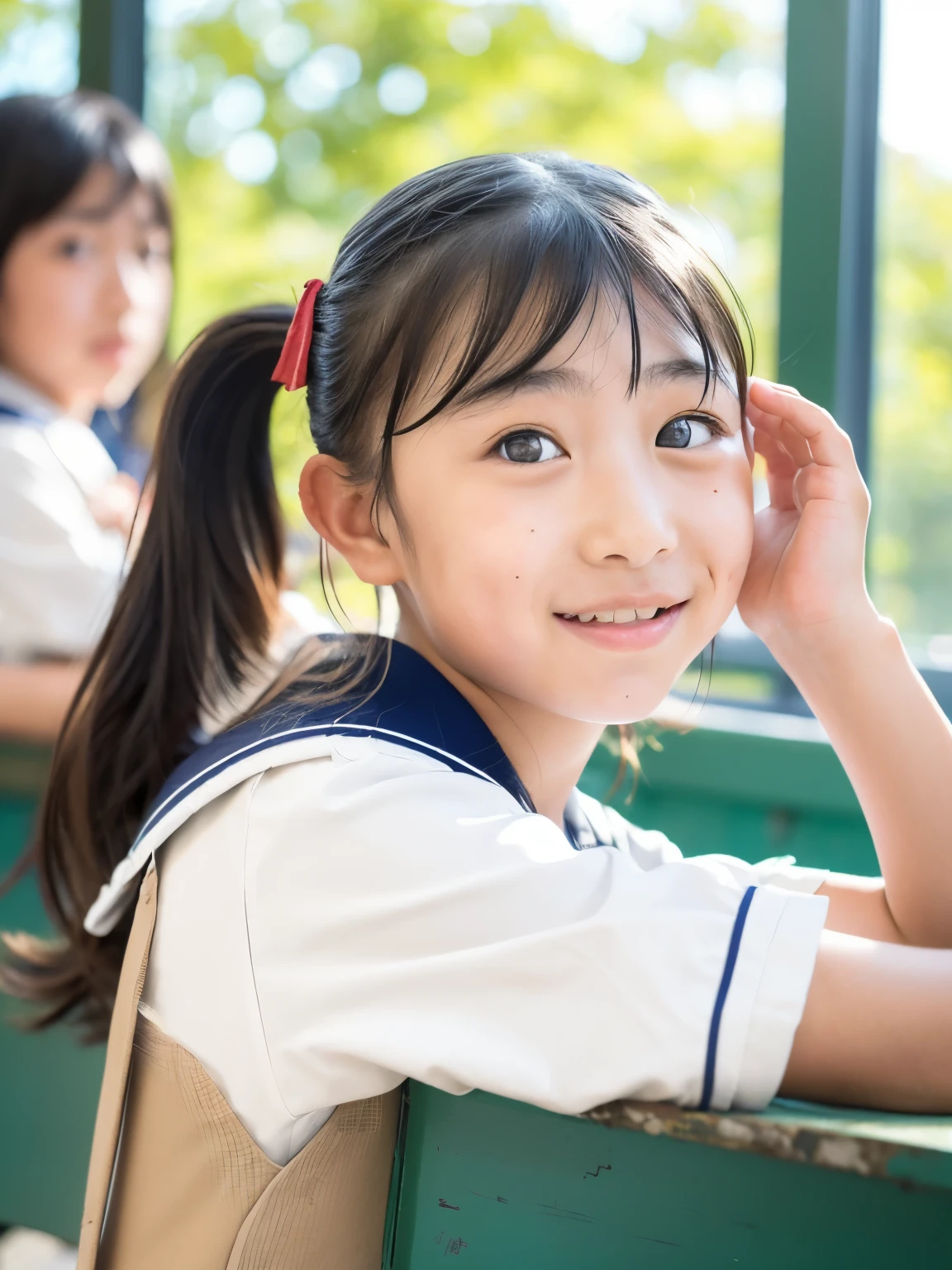 lens: 135mm f1.8, (highest quality),(RAW Photos), (Tabletop:1.1), (beautiful 12 year old japanese girl), Cute Face, (Deeply chiseled face:0.7), (freckles:0.4), dappled sunlight, Dramatic lighting, (Japanese School Uniform), (In the classroom), shy, (Close-up shot:1.2), (Serious face),, (Sparkling eyes)、(sunlight), ponytail