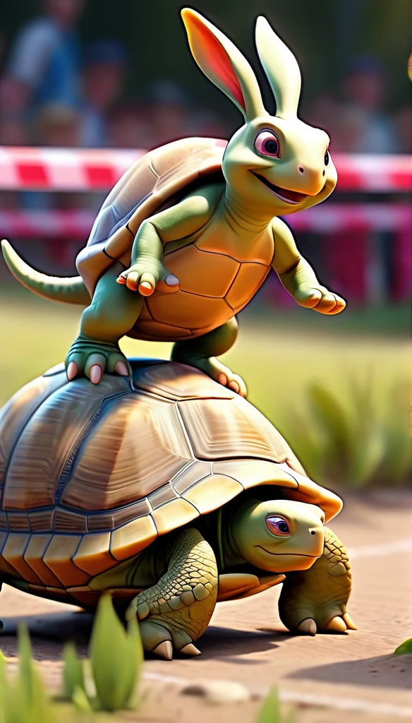 A tortoise arriving at the finish line with the hare behind in a race