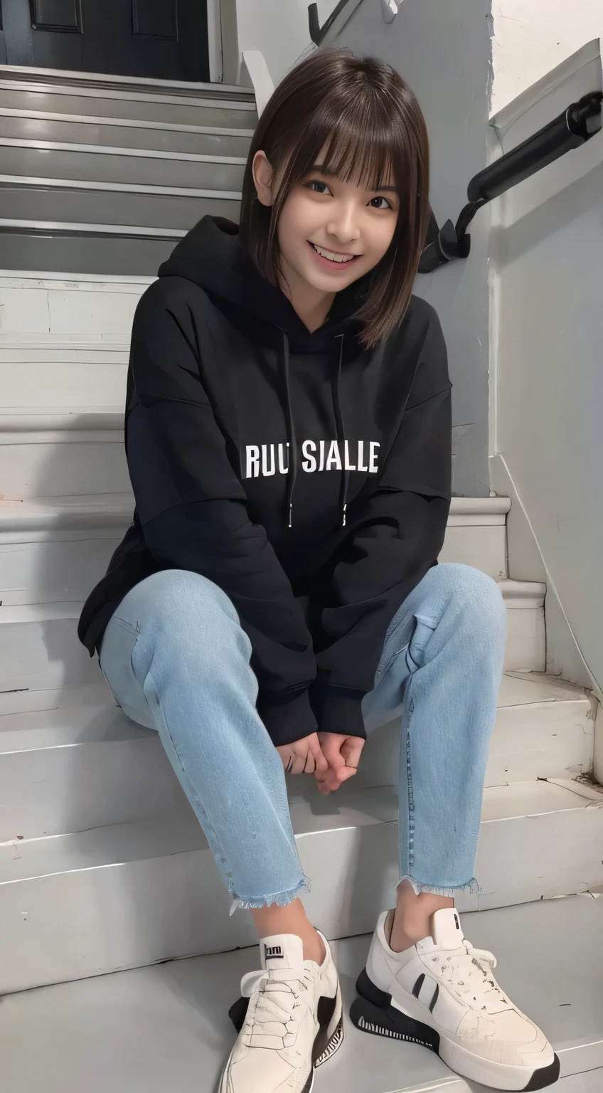 highest quality, Realistic, Very detailed, Finer details, High resolution, 8k wallpaper, One beautiful woman,Sit on the stairs、(Wear black socks)smile、(Beautiful teeth alignment、)(Gums are visible) Oversized hoodie, Skinny jeans,( Black sneakers)、Black Hair、 Beautiful Bangs、ear piercing、Perfect dynamic composition, Beautiful and detailed, Full Body Shot, A big smile brown hair