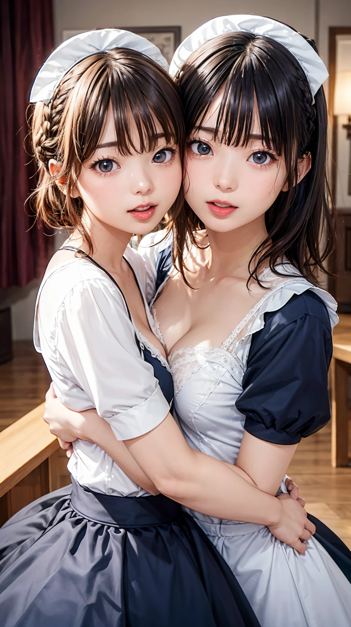 Big eyes,Natural Makeup, Long Hair、Hair with a loose perm、(Redhead with half-tails), (Big smile), Laughter, Symmetrical cute face,Round face, Red eyes,Two maids embracing each other、They press their boobs together、The two put their faces together、 (White headdress、Clothes with frills, Black lace clothes),, girl, whole body, , (masterpiece,Best image quality:1.3),(detailed:1.2),(One Girl), A cute black maid outfit, Dark Night))),、(((Small areola))),(((Upper body naked))),(((Open maid uniform))),(((nude))),(((おっぱいのdetailed))),(((Nipples))),(((Small Boobs))),(((Flat Chest))),(((Small breasts)))、Are standing