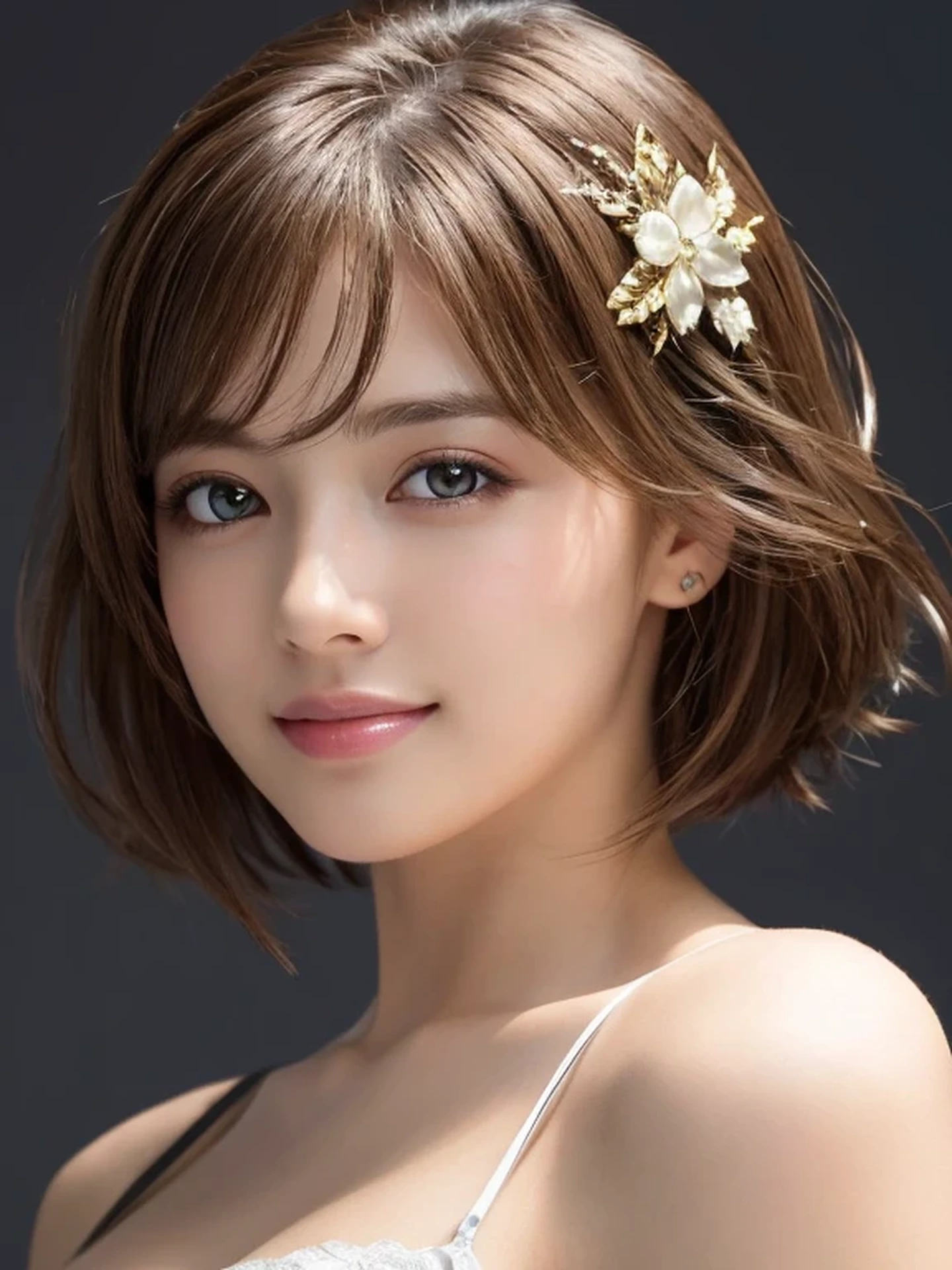 masterpiece, highest quality, High resolution, wallpaper, realistic, (bright lighting:1.4), professional lighting, face light, smooth lighting, (shoot from front:1.8), 1 girl, look away, cute, sleepy, smile, shy, Beautiful girl, sexy, super beautiful, beautiful skin, beautiful and detailed eyes、detailed face、slim、moderately, short hair, brunette colored hair, brown eyes, Professional Photography,