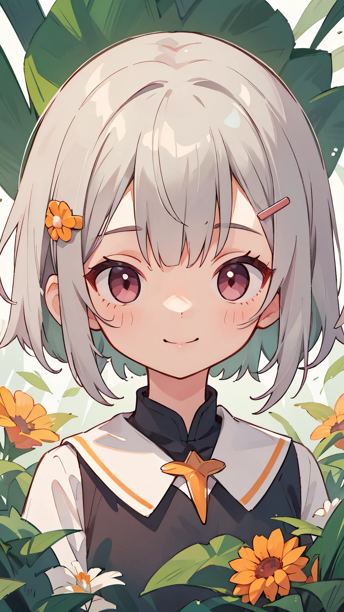 1girl、solo、Single Portrait、girl、smile、impression、(Oil)、Green and orange tones、Short silver bob hair held together with a hair clip、Pink Eyes