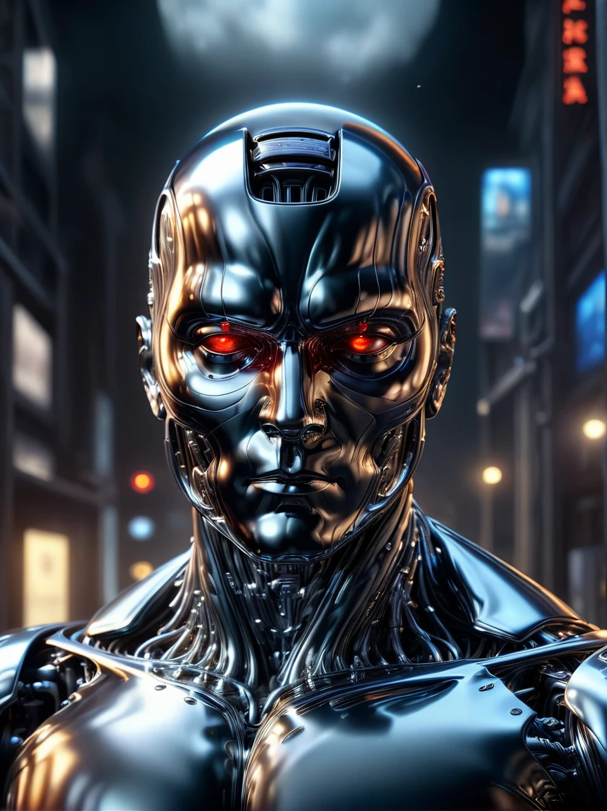 (Best quality，8k，high resolution，masterpiece:1.2)，Ultra Detailed，(Reality, 1.4 times more realism), Dramatic lighting，Physically Based Rendering，(Extremely detailed description)，Super Fine，Liquid Metal Terminator，Sleek metal body，shiny reflective surfaces，Highly detailed mechanical parts，Cool blue and silver tones，Sinister expression，Glowing red eyes，Dynamic action poses，Future Cityscape Background，Science Fiction，Studio Lighting，Sharp focus，Concept Art