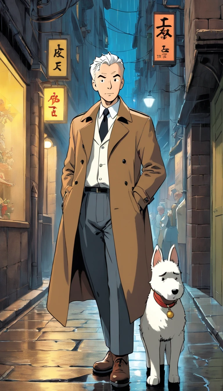 Tintin, 50 years old male wearing brown Trench Coat black suit, white shirt, slick and neat short grey hair, herge, european comics, heroic pose, rainy night futuristic cyberpunk city narrow alley background