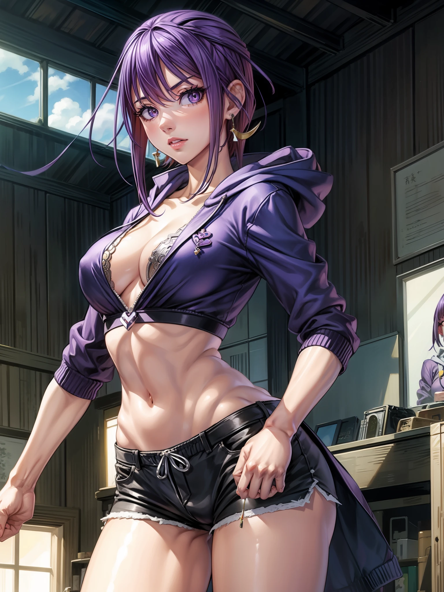 score_9_up, score_7_up, rating_safe, contrapposto pose, hand on hip, 1girl, KyokaJiro, Jirou_Kyouka\(boku no hero academia\), short hair, blunt bangs, sidelocks, purple hair, purple eyes, long earlobes, small breasts, hoodie, shorts
, source_anime