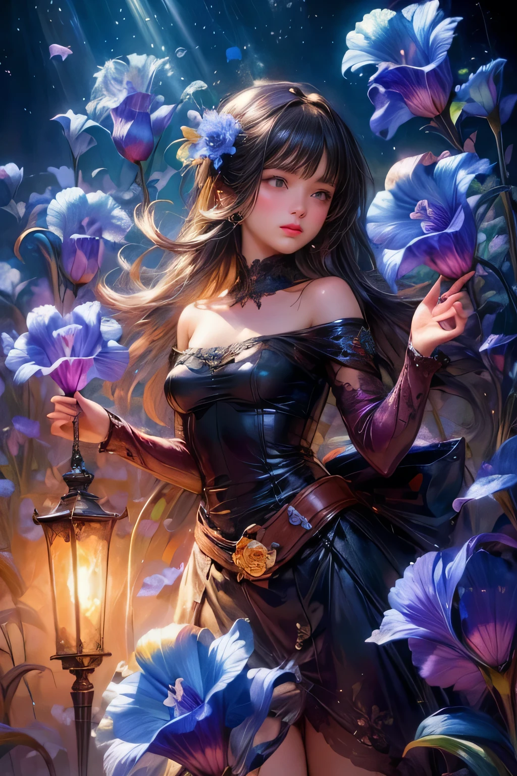 masterpiece:1.2, highest quality, 16k, realistic, photorealistic:1.37, unbelievably absurd, very detailed:1.2, perfect beauty, irises:1.2, pond:1.2, gently rain, beautiful cute girl, flowy jet black long straight hair, blunt bangs, blushed cheek,middle breasts, irises tattoos, standing with beautiful posing, vibrant colors, background bokeh, looking up, fractal art