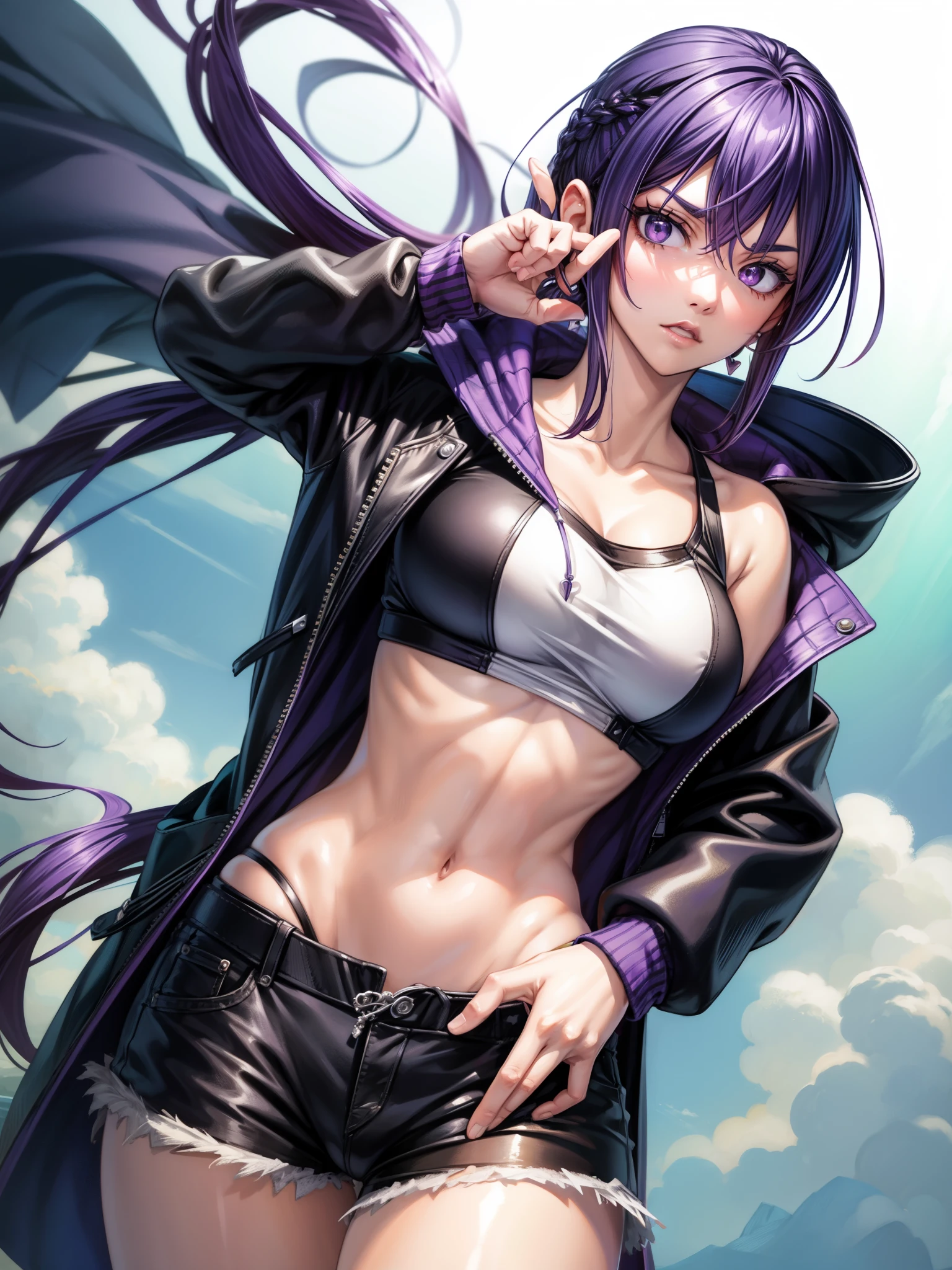 (masterpiece),(best quality), hair over right eye, looking at the viewer, thin body, dynamic poses, (medium breasts: 1.3), young girl, 8k,(bright sunny day:1.5), (seductive body details:1.3), long dark purple hair, purple eyes, seductive light smile, shy, skinny legs, (slender legs), big eyes, (((wind))), (high breasts), sharp breasts, (realistic style), full height, (burn scar on the right side of the face:1.5), (burn scar on the right side of the body:1.5), (clear left side of the body:1.2), hair over right eye, ((megane)), ((disheveled hair)), (slim waist), ((narrow hips)), (slender legs), medium breast, curvy, thight denim sexy suit, short thight jacket, naked jacket, thight pants 