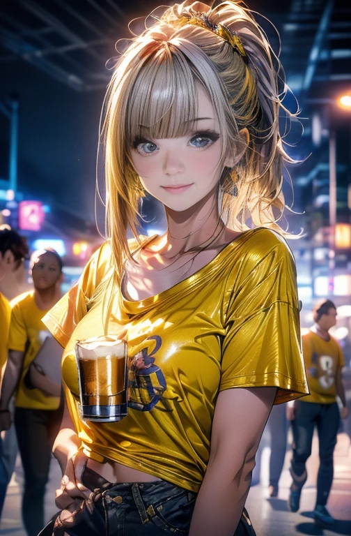 cinematic angle, medium shot, Realistic, real person, RAW photo, photorealistic, portrait photography, shiny skin, japanese idol、(A 20-year-old woman with blonde bangs and purple eyes.) and (side ponytail), (Wearing a yellow T-shirt:1.5)、(smile:1.2), open mouth, holding a mug of beer、Alone、staring at、Are standing、night festival
