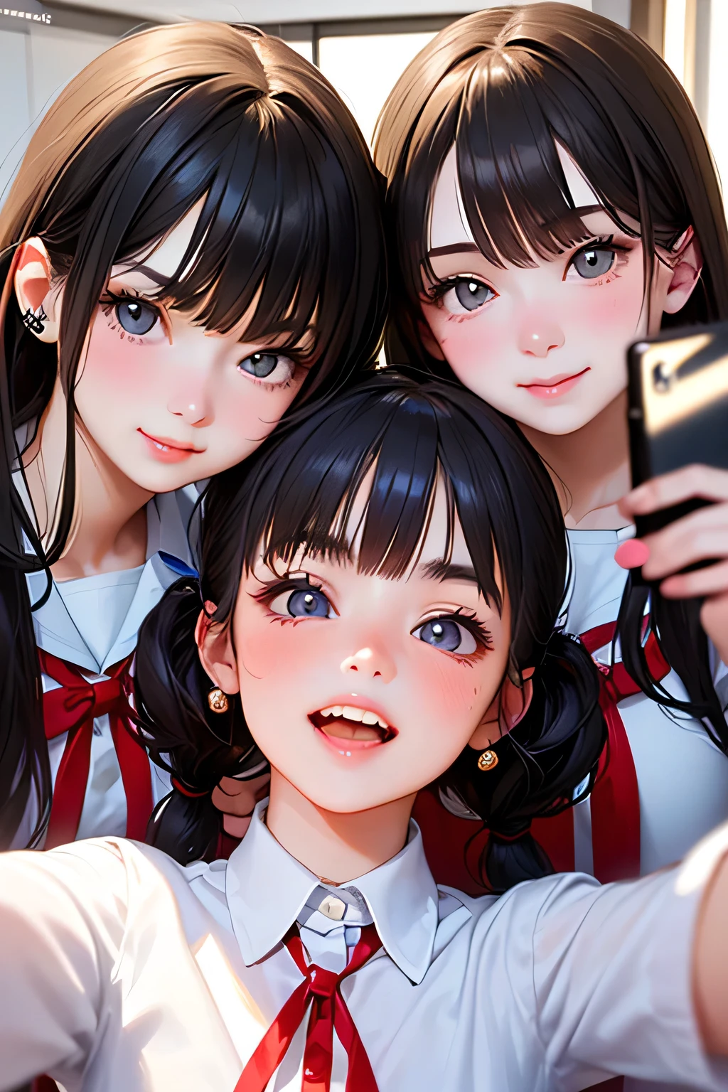 highest quality、High resolution、Detailed Background、(Beautiful face in every detail:1.4)、Anatomically correct、(Hide your fingers:1.3)、(Detailed facial expressions)、(Detailed eyes:1.2)、Teenage beauty、(Highly detailed face:1.4)、Cute hair colour、Braided twin tails、well-groomed eyebrows、Cute JK Uniform、Cute gestures、(Changing clothes in the fitting room)、In a joking manner、A big smile、(Three beautiful girls happily taking a selfie with their friends:1.5)
