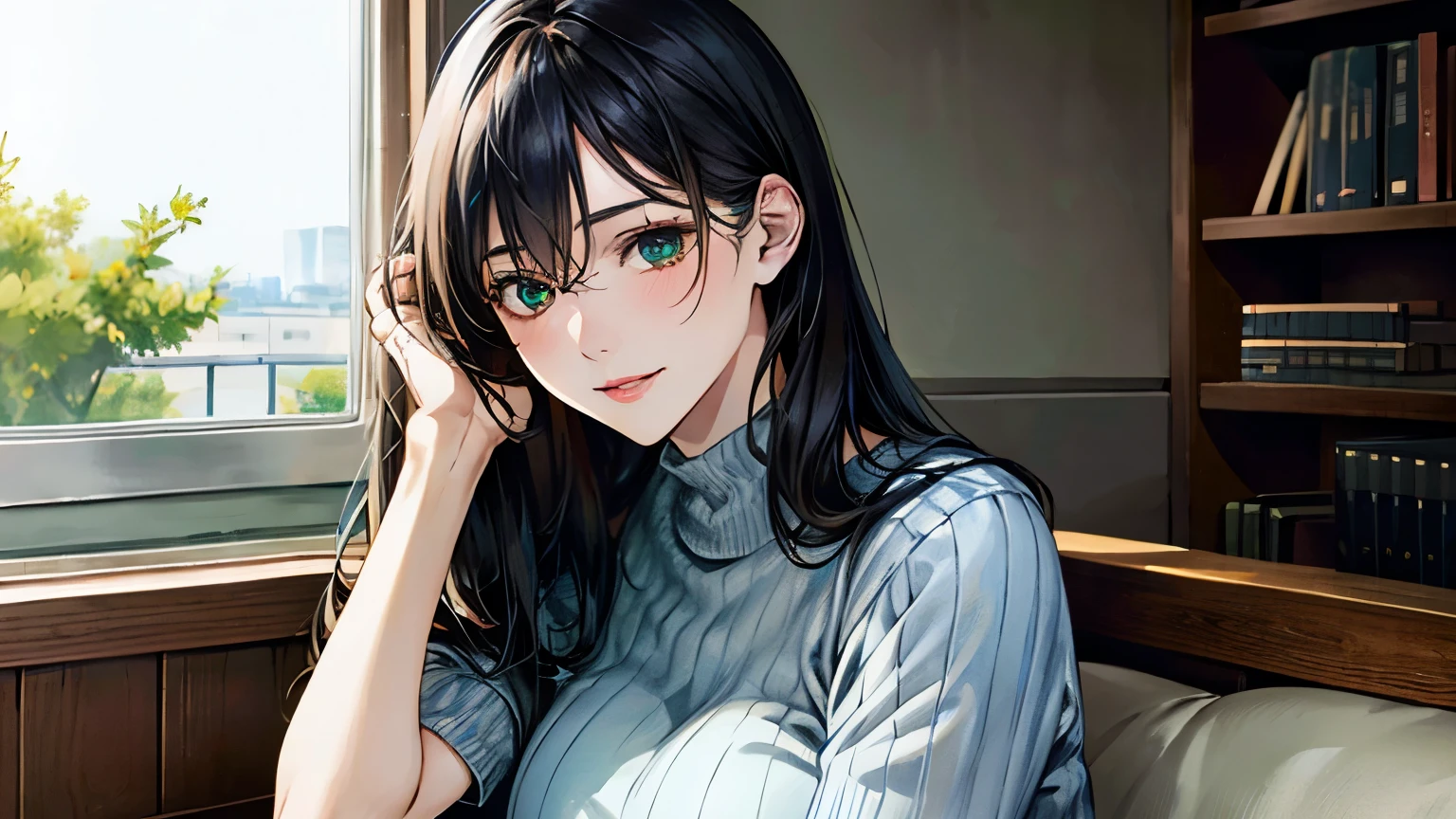 (masterpiece:1.3, highest quality, Ultra-high resolution, Super detailed), (Realistic, photoRealistic:1.4), Beautiful illustrations, Perfect lighting, Natural light, colorful, Depth of written boundary,
View Viewer, whole body, Front view:0.6, 1 girl, 日Book語, office lady, 19 years old, Perfect Face, (Perfect Anatomy), Cute and symmetrical face, Baby Face, Shiny skin, ,
(Long Hair:1.7, Straight hair:1.2, Black Hair), Hair between the eyes, Emerald green eyes, Long Eyelashes, (Big Breasts:0.8), mini skirt,Bookを持っている,
Beautiful Hair, Beautiful Face, Beautiful fine details, Beautiful clavicle, Beautiful body, Beautiful breasts, Beautiful thighs, Beautiful feet, Beautiful fingers,
((Short sleeve navy high neck sweater), ID card),
(Beautiful views), Daytime, (Office Lounge),, (Smile, Half an eye, Lips parted),Bookを読んでいる,whole body,mini skirt,one person,whole body,Attractive legs,Book,Bookを読む