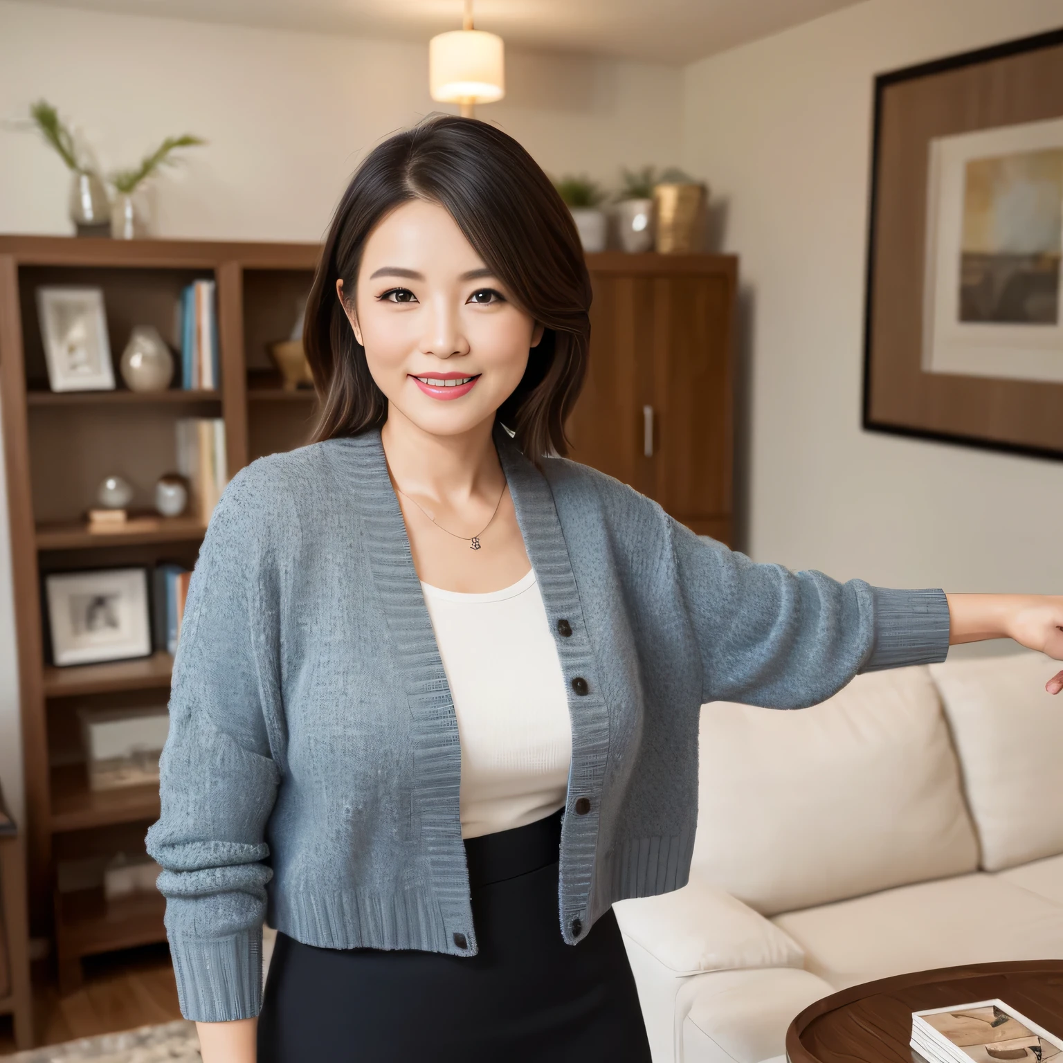 ((highest quality、Tabletop、In 8K、Best image quality、Hyperrealism、Award-winning works))、1 45-year-old mature woman、(Upper body photo:1.1)、Clothes with a causal relationship、Causal and elegant clothing colors、Elegant and accurate clothing、Elegant colored cardigan、Elegant colored tight skirt、Standing in the living room of a luxury apartment、See you in the living room、(The most natural and practical furniture arrangement:1.1)、Perfect Anatomy、Beautiful natural makeup、A gentle smile looks at me、Elegant hairstyle、Elegant standing posture、Very bright and clean、Blurred Background、[Big Breasts]