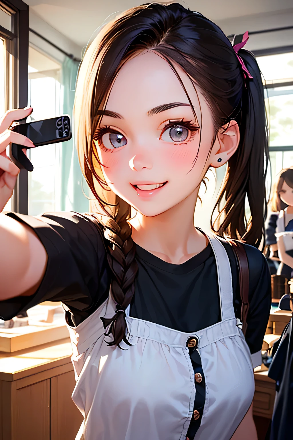 highest quality、High resolution、Detailed Background、(Beautiful face in every detail:1.4)、Anatomically correct、(Hide your fingers:1.3)、(Detailed facial expressions)、(Detailed eyes:1.2)、Teenage beauty、(Highly detailed face:1.4)、Cute hair colour、Braided twin tails、well-groomed eyebrows、Cute JK Uniform、Cute gestures、(Changing clothes in the fitting room)、In a joking manner、A big smile、(Three beautiful girls happily taking a selfie with their friends:1.5)