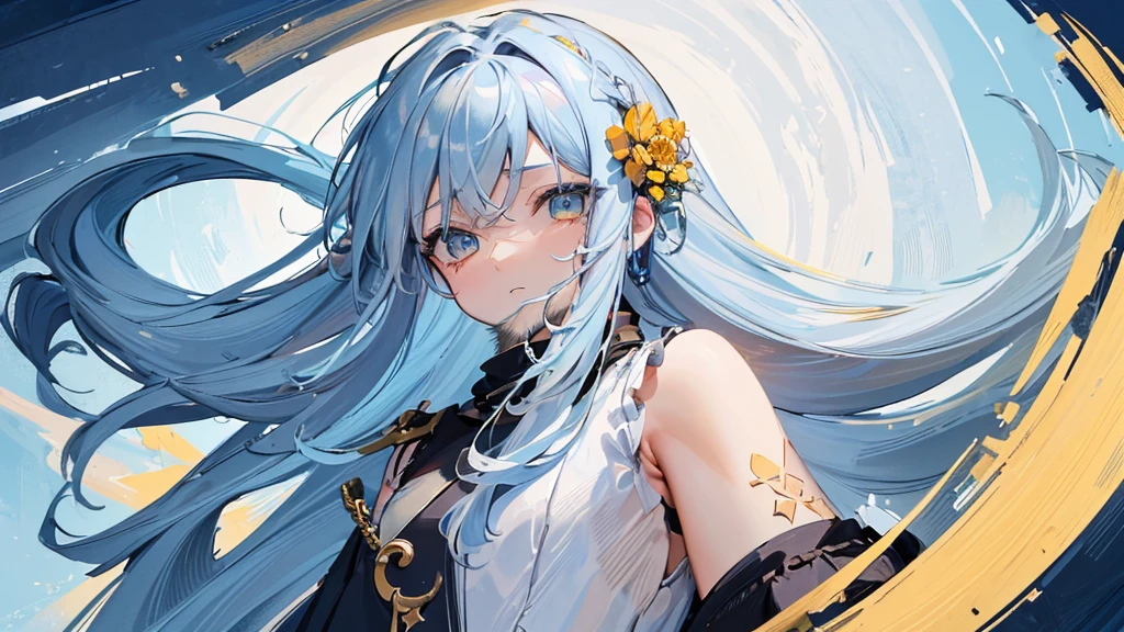 (Masterpiece,Highest quality),(Maximum details),(eye details),(hand details),woman,,long hair,light blue hair,yellow eyes,Cute face,beard,cry,Wear a white short-sleeved shirt,Wear short jeans,Has a gray upper coat.,