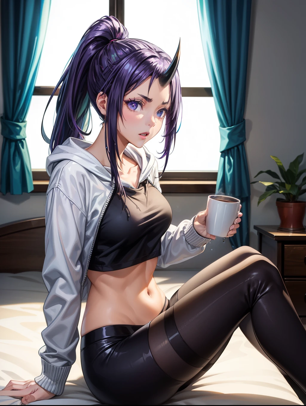 score_9,score_8_up,score_7_up,score_6_up, 1girl, 
 sitting in bed next to a large window, holding coffee cup, holding steaming coffee cup, wearing croptop hoodie, black croptop hoodie, long hair, black hair, blue strip in hair low ponytail hairstyle, red skin, demon girl, small horn on head, devil horns, pov from the side, sitting on the bed, hoodie, plants on the windowsill, looking out the window, looking away from viewer, background through window is vast space, galaxy background, wearing tights, leggings, black tights, thighs, night time, cyberpunk city view out of the window, neon light, purple neon lights, raining outside, heaving rain outside, girl is dry, no rain inside