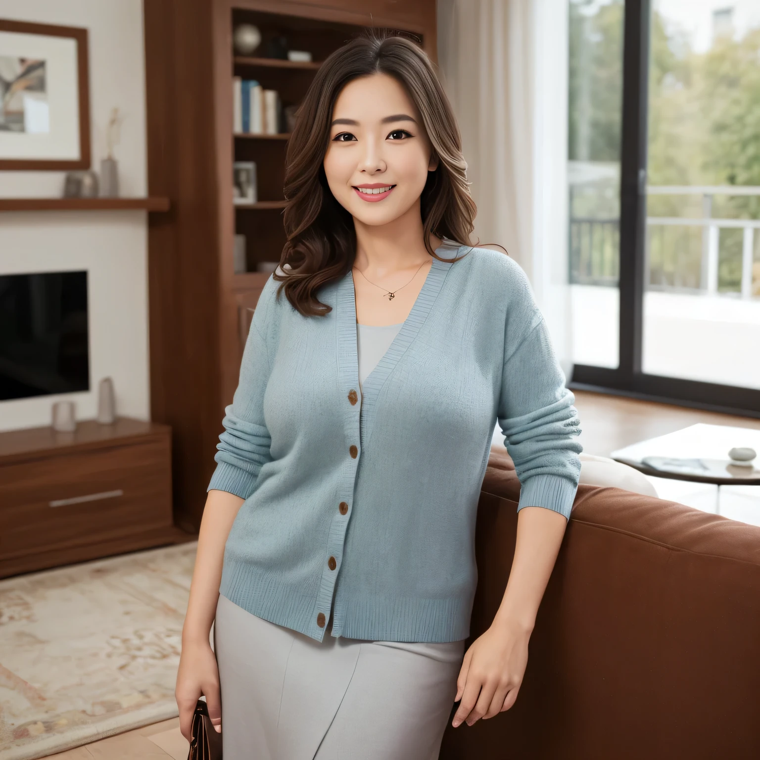 ((highest quality、Tabletop、In 8K、Best image quality、Hyperrealism、Award-winning works))、1 45-year-old mature woman、(Upper body photo:1.1)、Clothes with a causal relationship、Causal and elegant clothing colors、Elegant and accurate clothing、Elegant colored cardigan、Elegant colored tight skirt、Standing in the living room of a luxury apartment、See you in the living room、(The most natural and practical furniture arrangement:1.1)、Perfect Anatomy、Beautiful natural makeup、A gentle smile looks at me、Elegant hairstyle、Very bright and clean、Blurred Background、[Big Breasts],