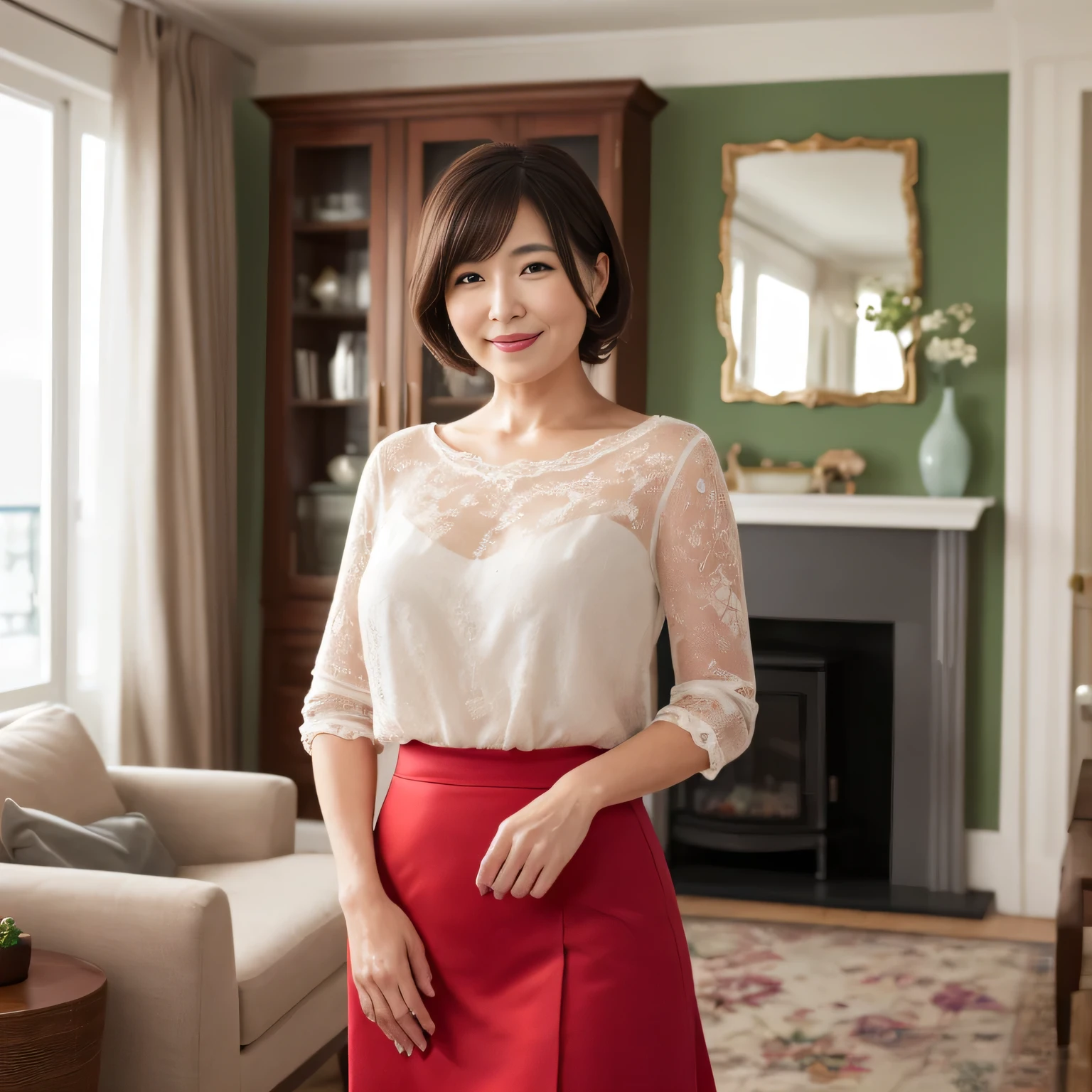 ((highest quality、Tabletop、In 8K、Best image quality、Hyperrealism、Award-winning works))、1 45-year-old mature woman、(Upper body photo:1.1)、,lingerie,Elegant colored tight skirt、Standing in the living room of a luxury apartment、See you in the living room、(The most natural and practical furniture arrangement:1.1)、Perfect Anatomy、Beautiful natural makeup、A gentle smile looks at me、Elegant hairstyle、Very bright and clean、Blurred Background、[Big Breasts],