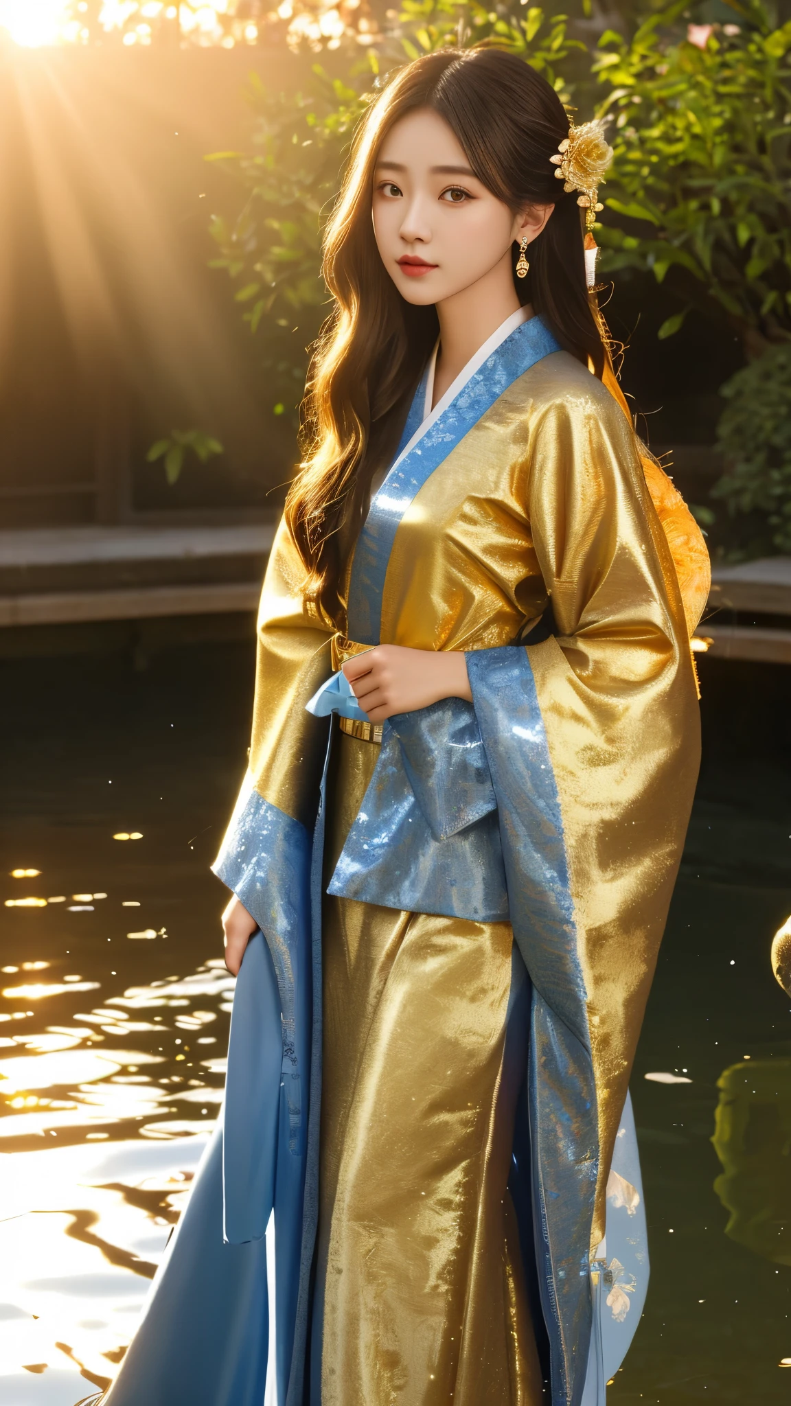 8K, UHD, masterpeiece,best quality, 1 girl, detailed face, detailed eyes, very long hair, long straight hair, small breasts, very detailed dress, kimono costume, goolden costume, ((golden lace)), sardine, flowing sardine, jwellery, earring, ornaments, flower, evening, lake, water, sunset, depth of field, glowing light, god rays, reflection light, bloom, looking at viewer,