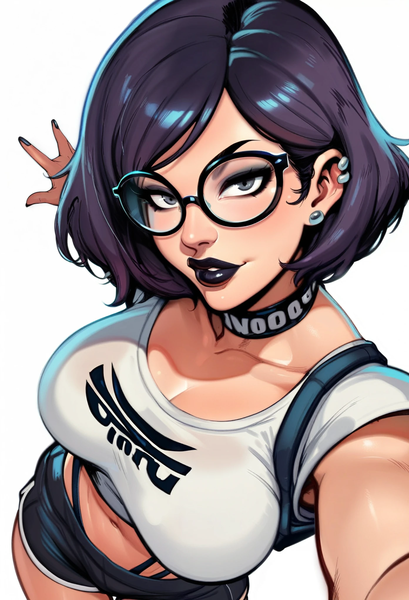 score_9, score_8_up, score_7_up, score_6_up, score_5_up, score_4_up, BREAK 1girl, purple hair, bob cut hair, straight hair, short hair, tomboy, grey eyes, thick lips, light smile, long eyelashes, half-closed eyes, black-framed eyewear, round eyewear, black choker, swept bangs, adult, mature, black eyeliner, ear piercing, black lips, grey eyeshadow, looking at viewer, BREAK solo, standing, large breasts, adult, skinny, from above, wedgie, highleg, arched back, thigh gap, white crop to, black sport shorts, white stripes, patterned clothing, adidas, black thong, floral print choker, goth, BREAK (white background:1.2), simple background, dynamic pose, dynamic angle, angled shot,
