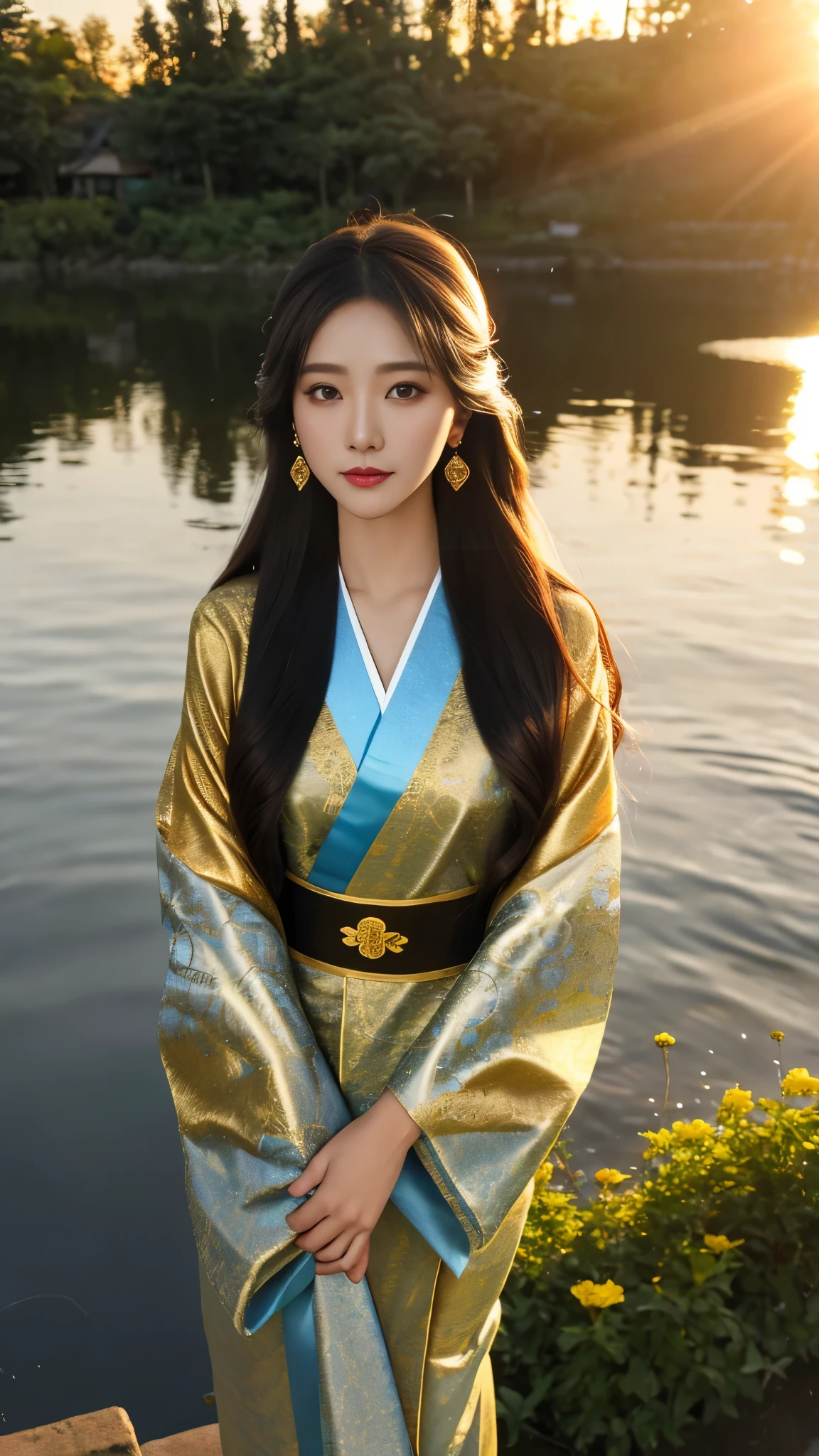 8K, UHD, masterpeiece,best quality, 1 girl, detailed face, detailed eyes, very long hair, long straight hair, small breasts, very detailed dress, kimono costume, goolden costume, ((golden lace)), sardine, flowing sardine, jwellery, earring, ornaments, flower, evening, lake, water, sunset, depth of field, glowing light, god rays, reflection light, bloom, looking at viewer,