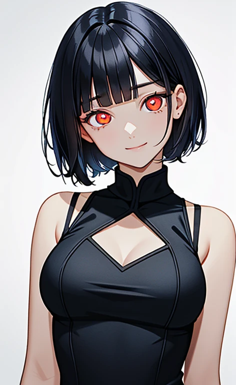 (masterpiece:1.4、top-quality、illustration)、(character focus、,upper body:1.3)、(face:1.5),(from below),(1girl),(Gentle face:1.2),(Beautiful eyes:1.4),cute face,(red eyes:1.3)、(tareme:1.3)、(crazy eyes:1.3),half (closed eyes:1.3)、
),(stand:1.4),、(Gentle smile:1.2),(head tilt:1.3),
(blue black hair),(short hair:1.5)、
,(glowing eyes:1.3),(sleeveless turtleneck china dress:1.5),
(blunt bangs),(sidelocks:1.3), (large breasts)、
、slender、zydG