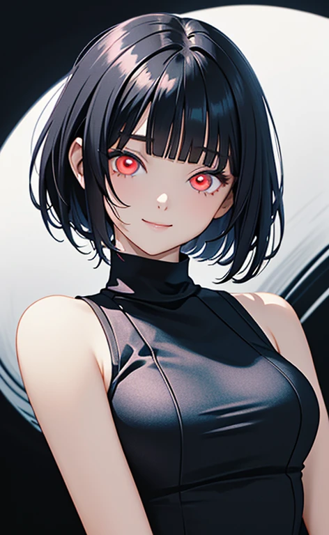 (masterpiece:1.4、top-quality、illustration)、(character focus、,upper body:1.3)、(face:1.5),(from below),(1girl),(Gentle face:1.2),(Beautiful eyes:1.4),cute face,(red eyes:1.3)、(tareme:1.3)、(crazy eyes:1.3),half (closed eyes:1.3)、
),(stand:1.4),、(Gentle smile:1.2),(head tilt:1.3),
(blue black hair),(short hair:1.5)、
,(glowing eyes:1.3),(sleeveless turtleneck china dress:1.5),
(blunt bangs),(sidelocks:1.3), (large breasts)、
、slender、zydG