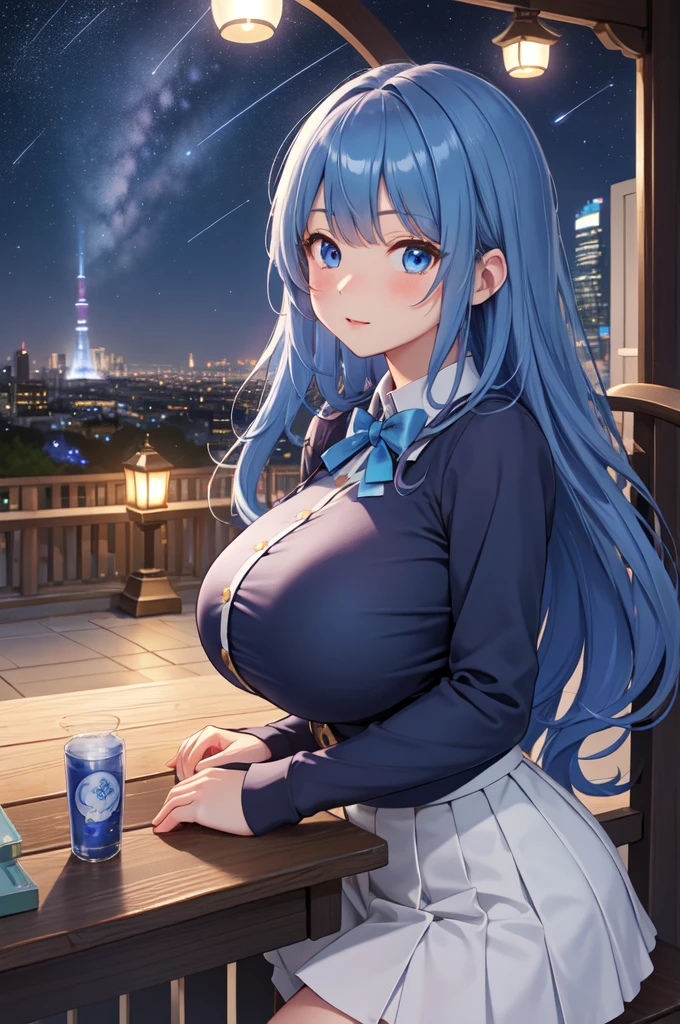 ((masterpiece))、highest quality、Very detailed、Extremely detailed CG、Unified 8K Wallpaper、Beautiful night view、Bench on the hill、Skyscrapers visible in the distance、Many shooting stars in the night sky、Calm atmosphere、The gentle light of a street lamp in the darkness、A summer breeze blows、
(Big Breasts: 1.4)、Cute Uniform、mini skirt、No sleeve、
Shiny skin、Glowing Eyes、Big round eyes、Detailed eyes、blue eyes、Long Hair、Blue Hair、Perm