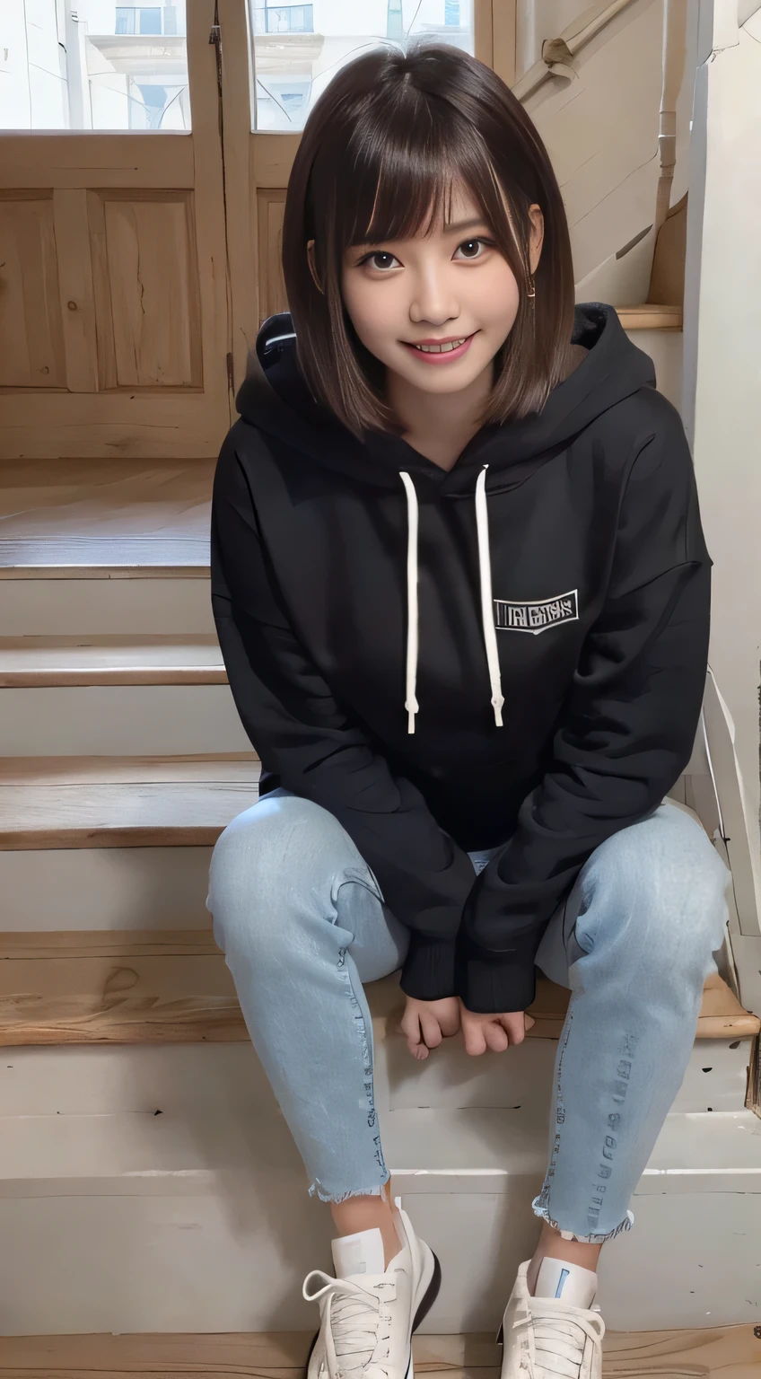 highest quality, Realistic, Very detailed, Finer details, High resolution, 8k wallpaper, One beautiful woman,Sit on the stairs、(Wear black socks)smile、(Beautiful teeth alignment、)(Gums are visible) Oversized hoodie, Skinny jeans,( Black sneakers)、Black Hair、 Beautiful Bangs、ear piercing、Perfect dynamic composition, Beautiful and detailed, Full Body Shot, A big smile brown hair