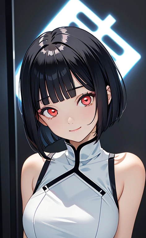 (masterpiece:1.4、top-quality、illustration)、(character focus、,upper body:1.3)、(face:1.5),(from above),(1girl),(Gentle face:1.2),(Beautiful eyes:1.4),cute face,(red eyes:1.3)、(tareme:1.3)、(crazy eyes:1.3),half (closed eyes:1.3)、
),(stand:1.4),、(Gentle smile:1.2),(head tilt:1.3),
(blue black hair),(short hair:1.5)、
,(glowing eyes:1.3),（sleeveless turtleneck china dress:1.5),
(blunt bangs),(sidelocks:1.3), (large breasts)、
、slender、zydG