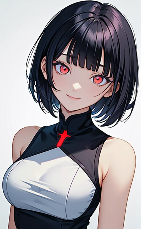 (masterpiece:1.4、top-quality、illustration)、(character focus、,upper body:1.3)、(face:1.5),(from above),(1girl),(Gentle face:1.2),(Beautiful eyes:1.4),cute face,(red eyes:1.3)、(tareme:1.3)、(crazy eyes:1.3),half (closed eyes:1.3)、
),(stand:1.4),、(Gentle smile:1.2),(head tilt:1.3),
(blue black hair),(short hair:1.5)、
,(glowing eyes:1.3),(sleeveless turtleneck china dress:1.5),
(blunt bangs),(sidelocks:1.3), (large breasts)、
、slender、zydG