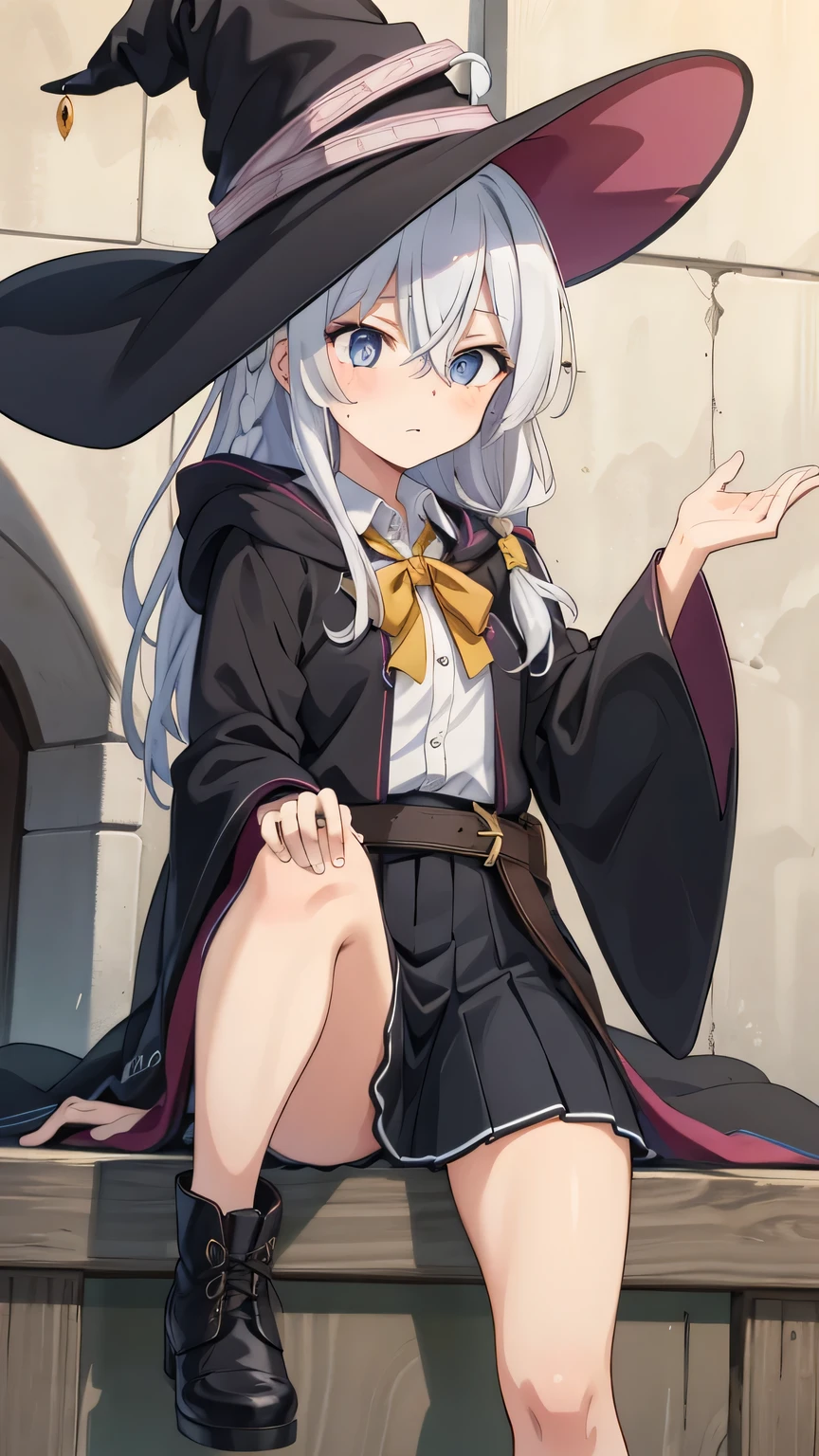 {{{masterpiece}}}, {{{best quality}}}, {{ultra-detailed}}, {illustration}, {{an extremely delicate and beautiful}}, 8k, nsfw, 1girl, elaina (majo no tabitabi), solo, witch, cute face, long hair, white hair, ahoge, hair between eyes, sidelocks, pink bow, single braid, ribbon on braid, yellow hair clip, blue eyes, bare legs, medium breasts, BREAK, white shirt, witch hat, black headwear, black robe, black skirt, yellow ribbon tie, pleated skirt, open clothes, long sleeves, collared shirt, brooch, brown bag, wide sleeves, hooded robe, miniskirt, open robe, boots, black footwear, Witch Shoes