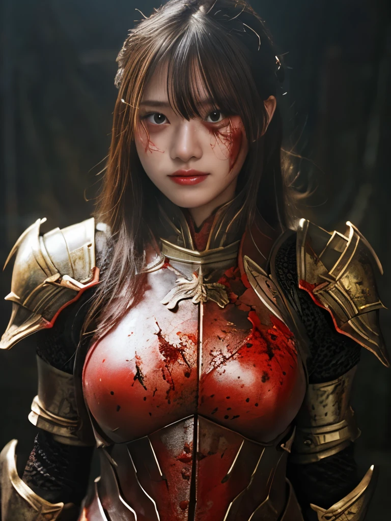 (((high-detail, masterpiece, Attention to detail, realistic, beautiful, full body photograph))), perfect studio lightning, 18 years old, delightful face, ideal body, virgin, long smooth straight hair, tied behind, large breast, random pose, random expression, wearing japan heavy armor, golden armor, full body armor, Unreal Engine Art Trend, swinging japan sword, attacking pose, sweating, bloodstained face, bloodstainder armor, bloodbath, fire everywhere, epic battle background, battleground, carnage, war zone, no helmet,