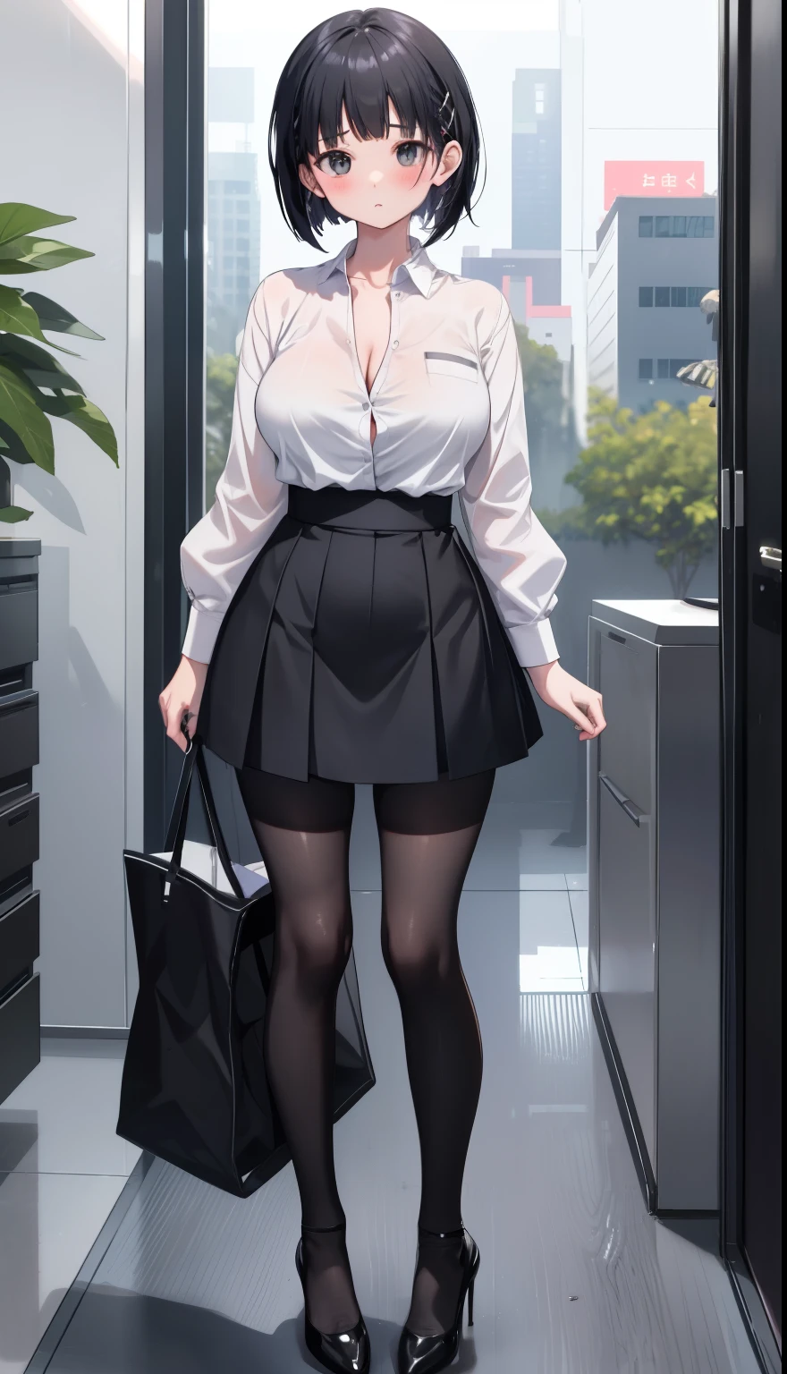 One Girl、positive、Standing posture、Full body portrait、Black Hair、Medium Haircut、blush、Absolute area、Black knee-high socks、Knee-length、stockings、Black Pantyhose、White underwear、Light blue shirt、Blue-gray business suit、Grey tight mini skirt、Japanese office lady、Summer clothes、nightの歓楽街、night、（Very large breasts）、Cleavage、open chest shirt、((Lesbians around the world))、masterpiece、（highest quality）、
Panties around the ankles、Black high heels、Shirt buttons fly off、Unbutton your shirt、Exposing the breasts、Bare your breasts