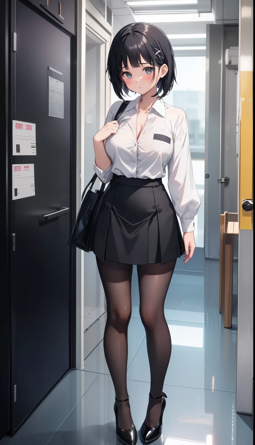One Girl、positive、Standing posture、Full body portrait、Black Hair、Medium Haircut、blush、Absolute area、Black knee-high socks、Knee-length、stockings、Black Pantyhose、White underwear、Light blue shirt、Blue-gray business suit、Grey tight mini skirt、Japanese office lady、Summer clothes、nightの歓楽街、night、(Very large breasts)、Cleavage、open chest shirt、((Lesbians around the world))、masterpiece、(highest quality)、
Panties around the ankles、Black high heels、Shirt buttons fly off、Unbutton your shirt、Exposing the breasts、Bare your breasts