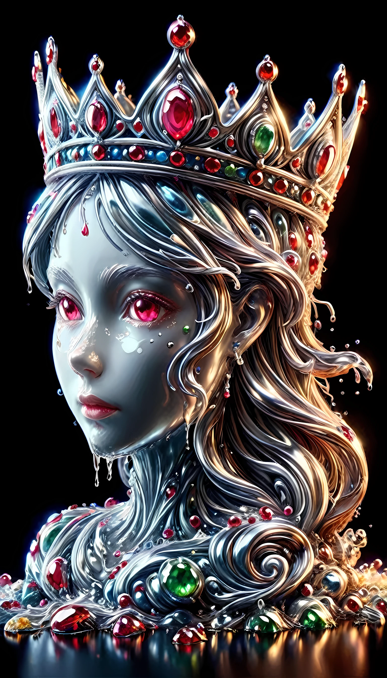 (liquid metal art: 1.5) LIQUID METAL a picture of jeweled crown ( (masterpiece, best detailed, best quality: 1.4), the crown is made from (gold: 1.2), (silver: 1.3), there are golden swirls watce, ( (masterpiece, best detailed, best quality: 1.2), there are silver swirls watce ( (masterpiece, best detailed, best quality: 1.2),  it is encrusted and decorated with (rubies: 1.3), emeralds: 1.3) and (opals: 1.3), dynamic background, close range picture,  ultra wide shot, photorealism, depth of field, hyper realistic, ral-ntrgmstn, watce, metallic, ais-moltenz