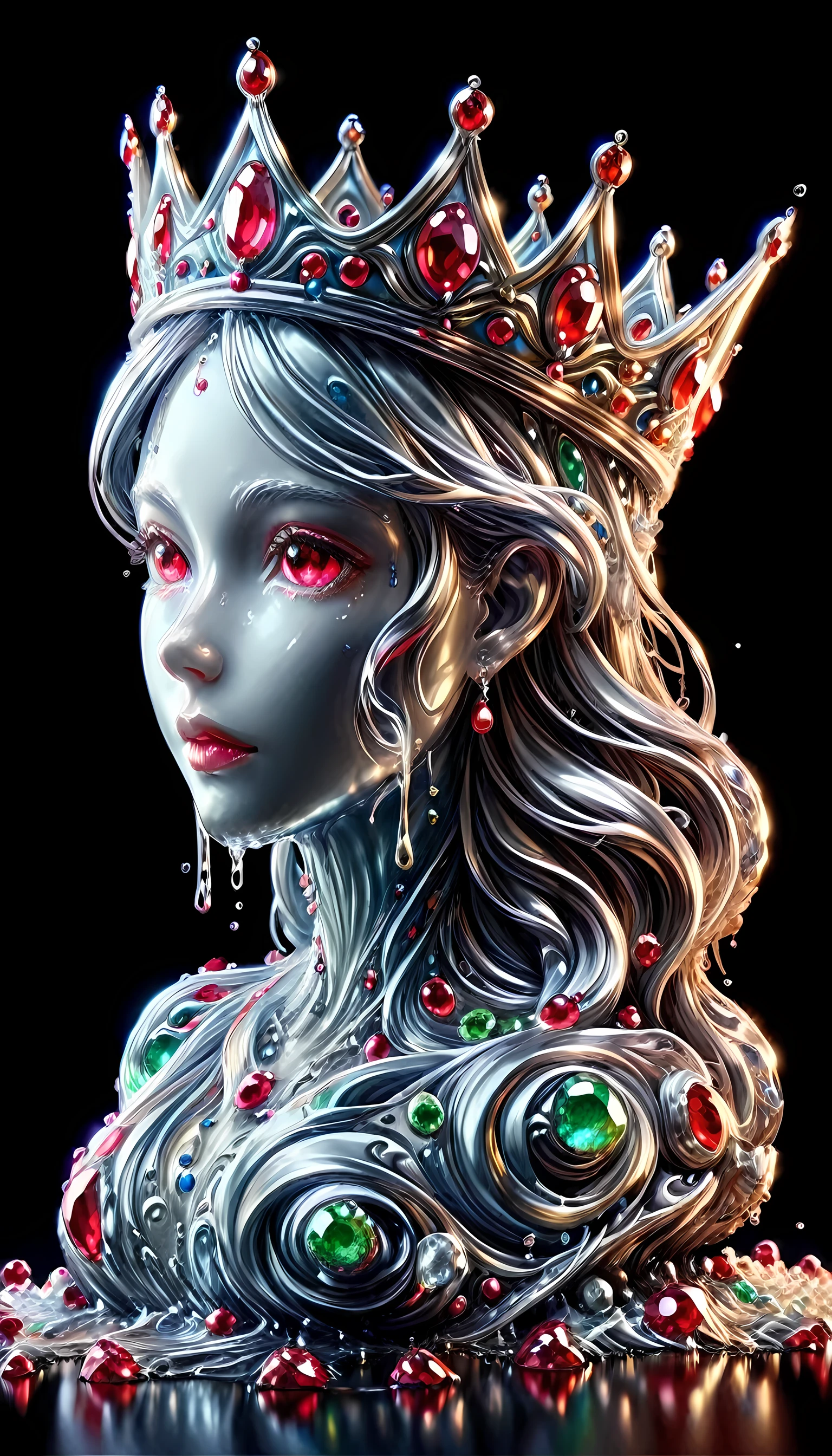 (liquid metal art: 1.5) LIQUID METAL a picture of jeweled crown ( (masterpiece, best detailed, best quality: 1.4), the crown is made from (gold: 1.2), (silver: 1.3), there are golden swirls watce, ( (masterpiece, best detailed, best quality: 1.2), there are silver swirls watce ( (masterpiece, best detailed, best quality: 1.2),  it is encrusted and decorated with (rubies: 1.3), emeralds: 1.3) and (opals: 1.3), dynamic background, close range picture,  ultra wide shot, photorealism, depth of field, hyper realistic, ral-ntrgmstn, watce, metallic, ais-moltenz