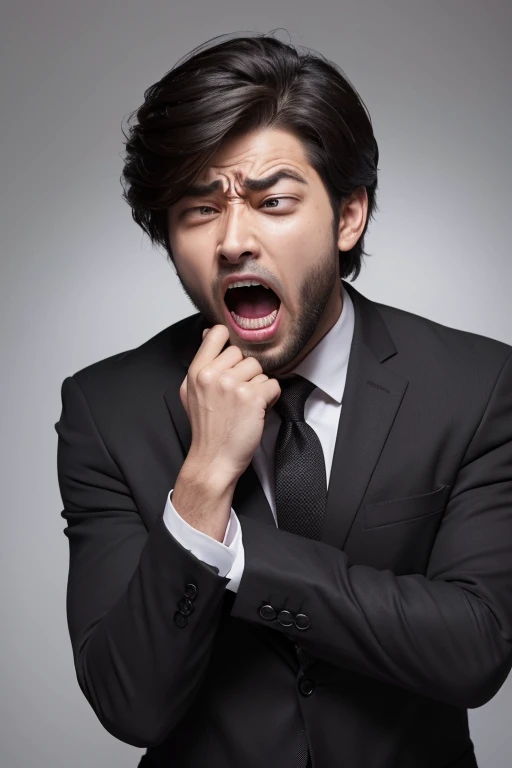 A man in a suit with both hands on his face, screaming. The background is neutral and the expression is one of shock and distress.